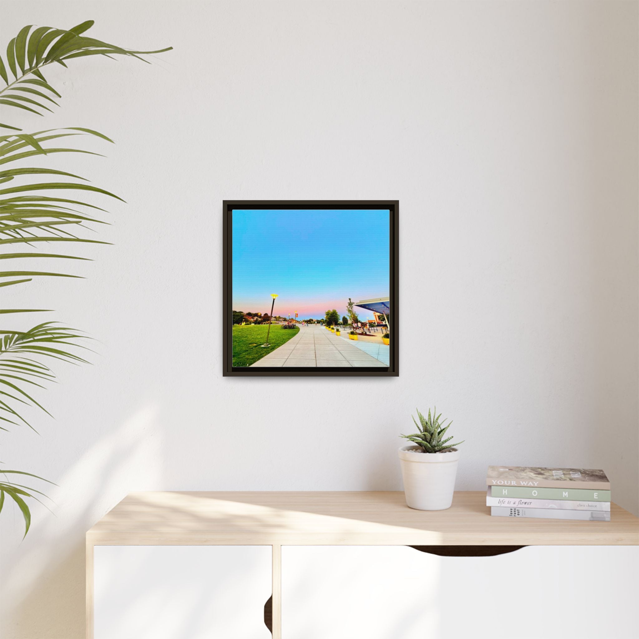 Sunset Promenade Matte Framed Canvas — Pastel Sky Walkway Wall Art