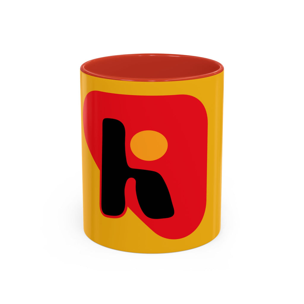 Retro Bold 'k' Accent Coffee Mug — Yellow & Red Graphic Ceramic