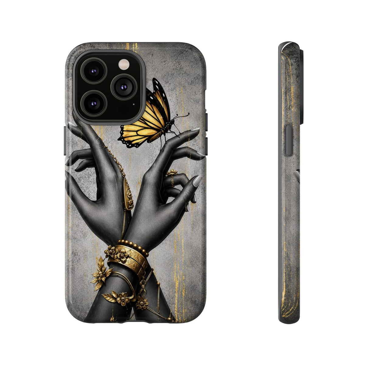 Artistic Black Hands & Golden Butterfly Phone Case – Protective Tough Case