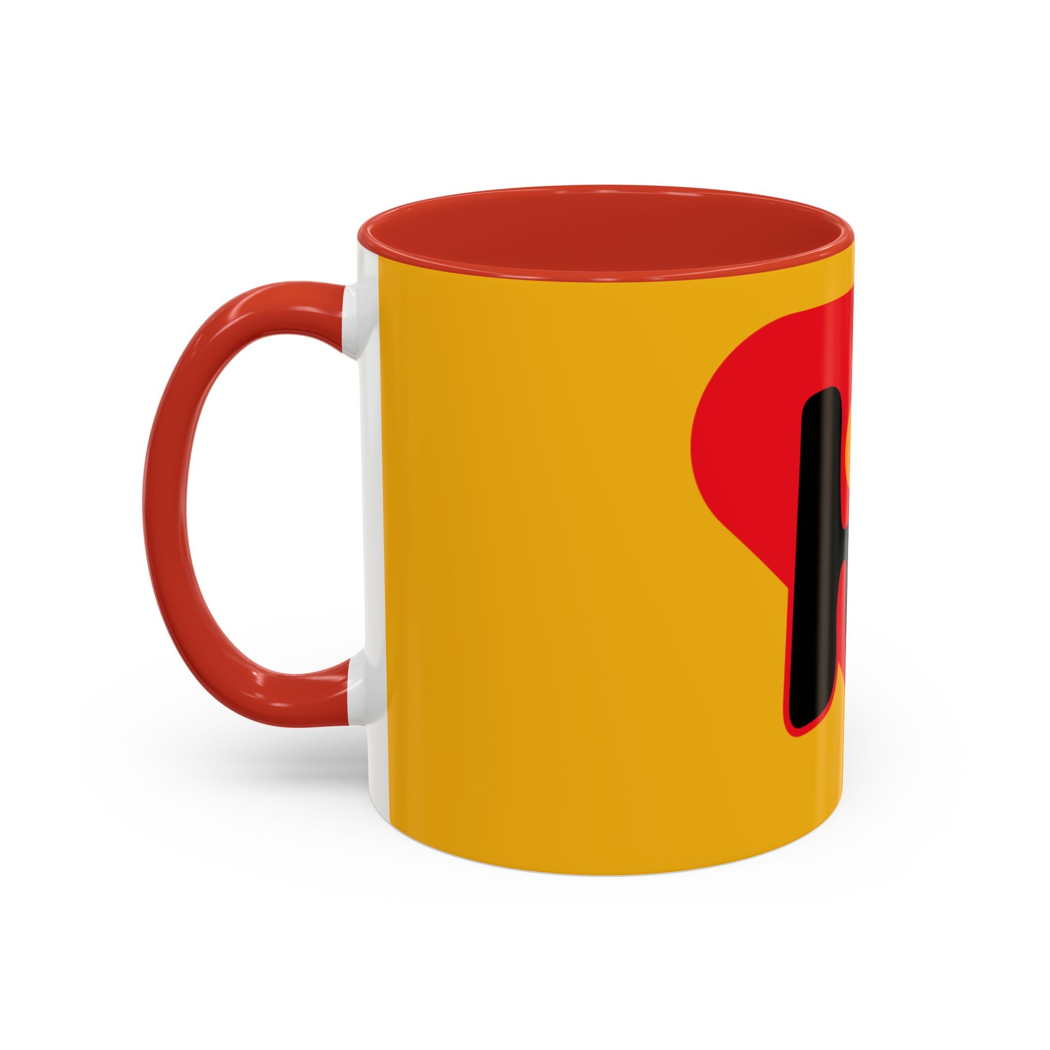 Retro Bold 'k' Accent Coffee Mug — Yellow & Red Graphic Ceramic