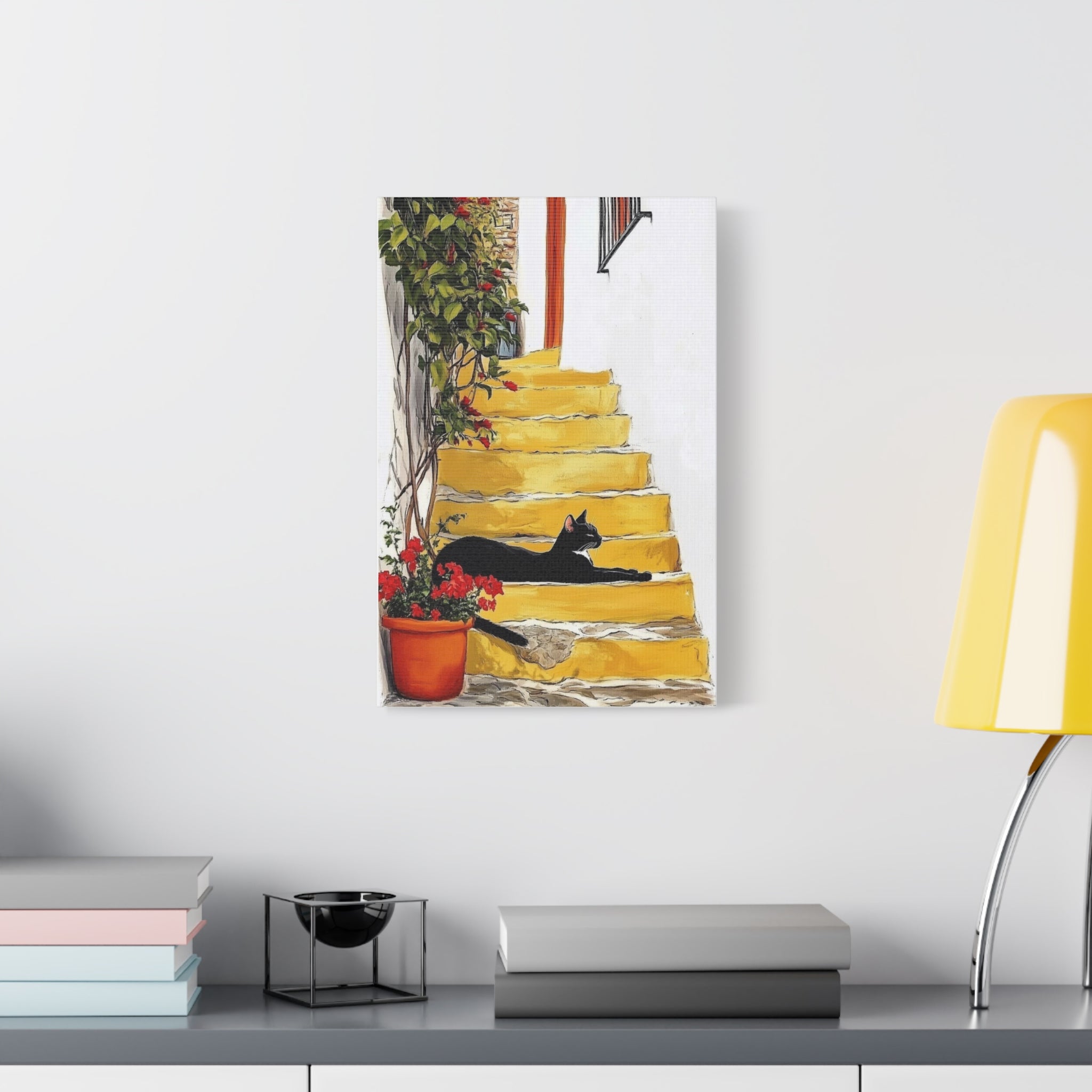Black Cat on Yellow Steps Canvas Art Print, Whimsical Home Decor, Gift for Cat Lovers, Wall Art, Cozy Vibe, Pet Memorable Art