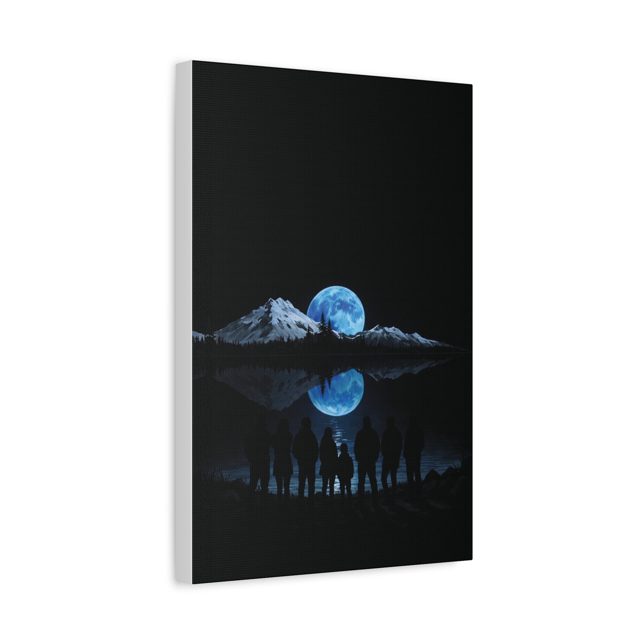 Blue Moon Mountain Canvas Print — Family Silhouette Nightscape Wall Art