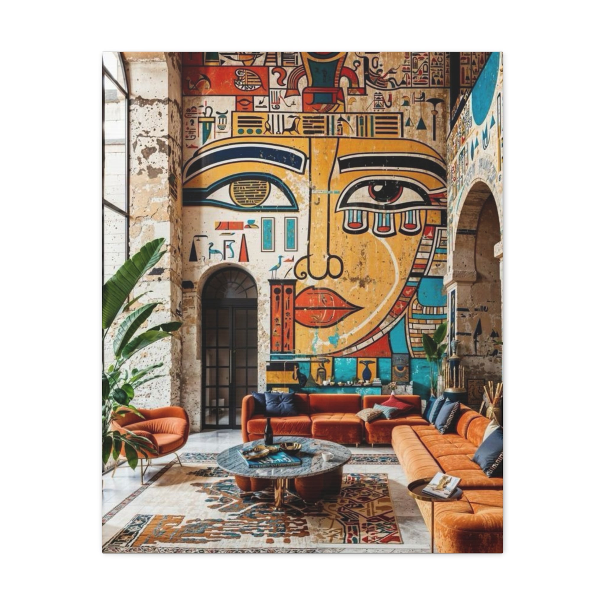 Egyptian Mural Face Matte Canvas Wall Art – Bohemian Living Room Decor