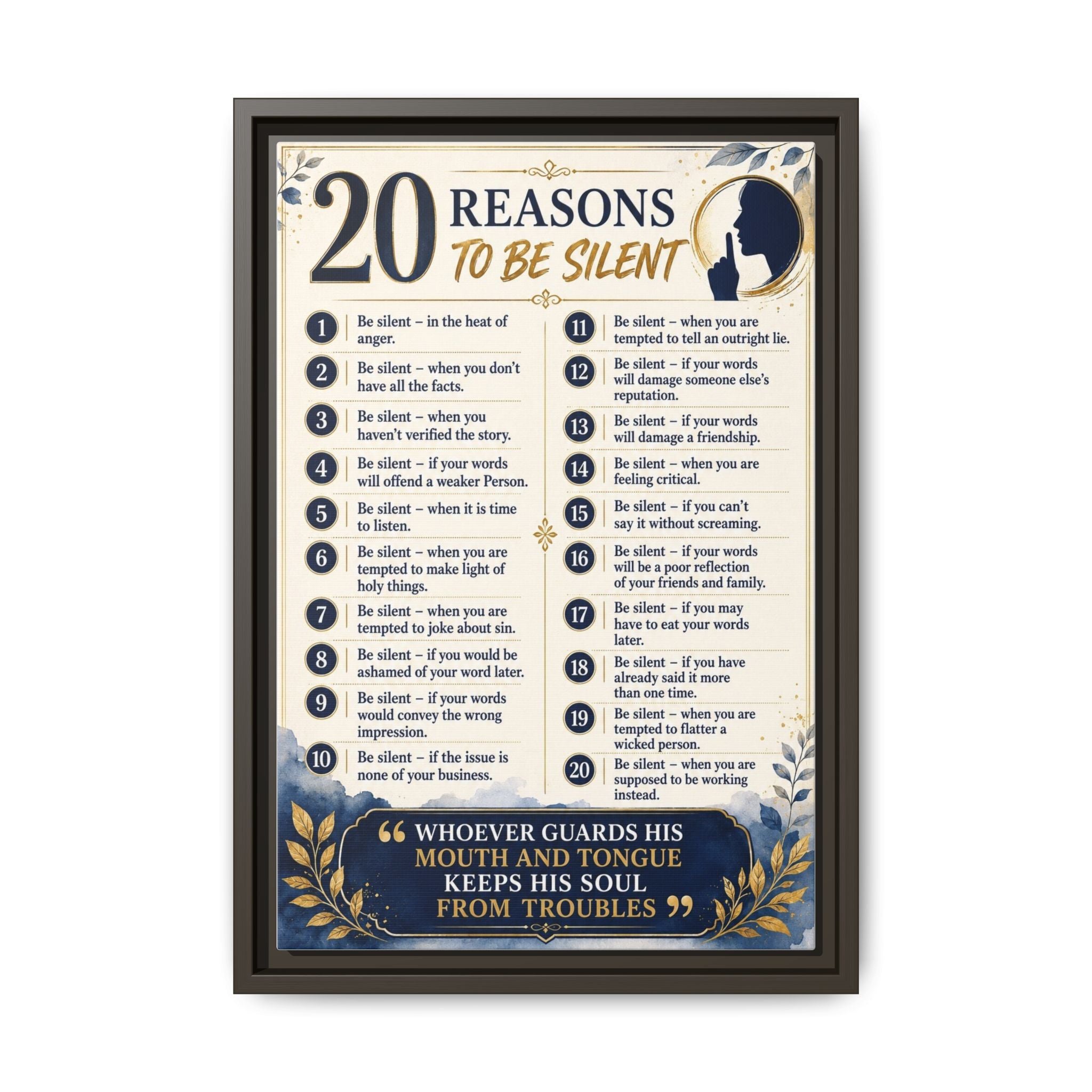 20 Reasons to Be Silent Matte Canvas Print — Framed Inspirational Wall Art