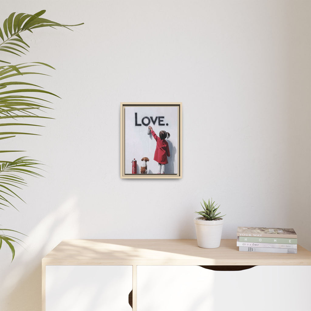 'LOVE.' Girl Spray-Painting with Dog- Framed Canvas Art