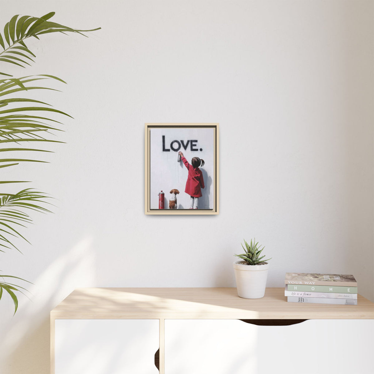 'LOVE.' Girl Spray-Painting with Dog- Framed Canvas Art