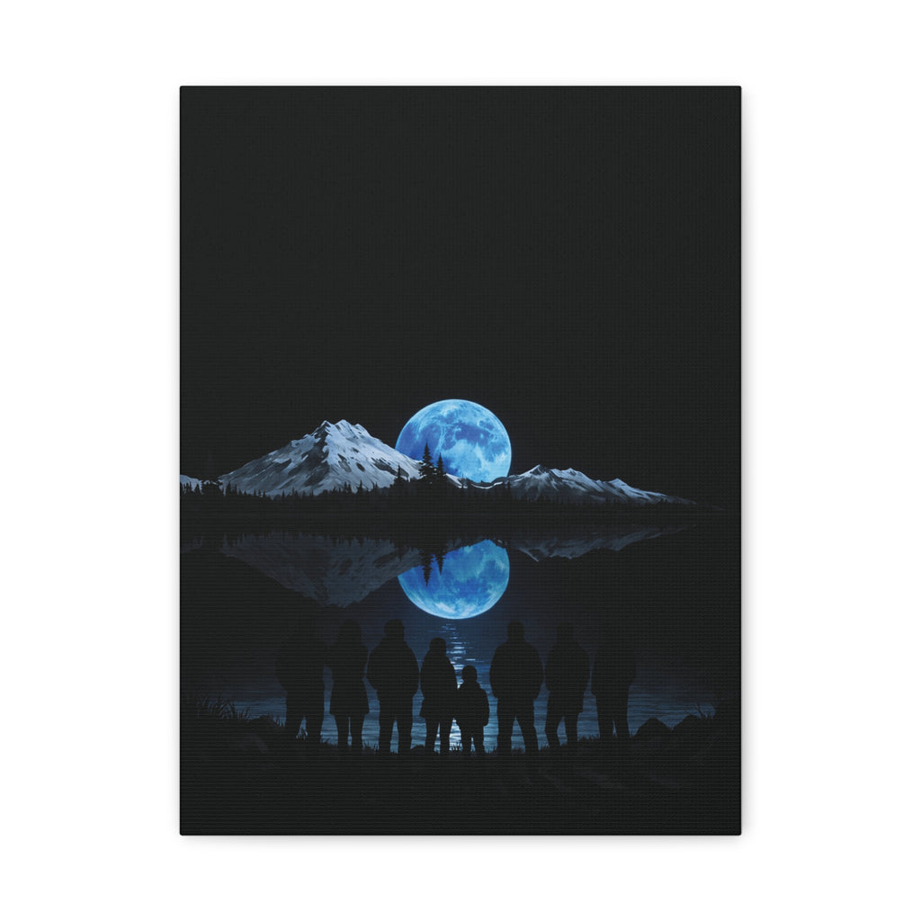 Blue Moon Mountain Canvas Print — Family Silhouette Nightscape Wall Art