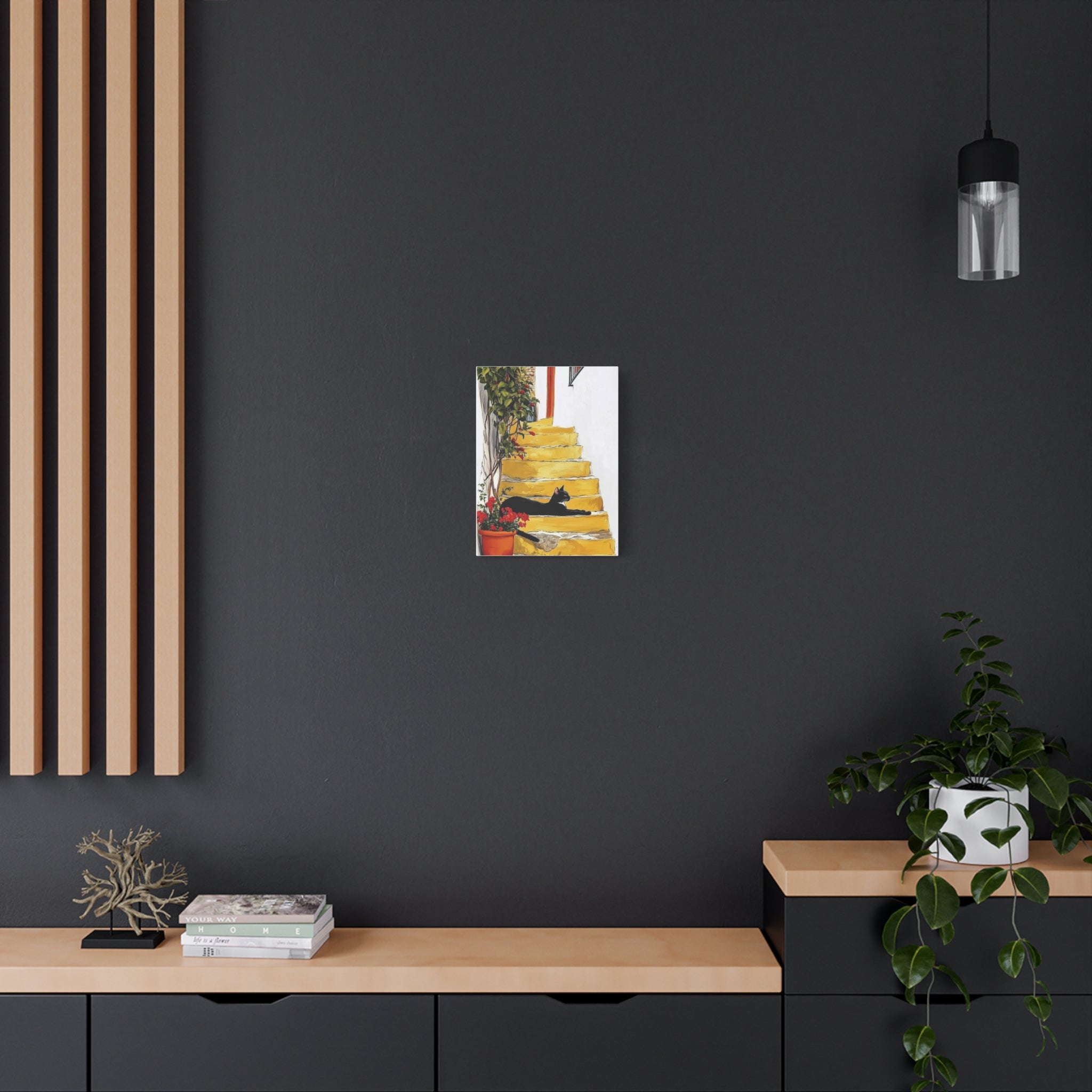 Black Cat on Yellow Steps Canvas Art Print, Whimsical Home Decor, Gift for Cat Lovers, Wall Art, Cozy Vibe, Pet Memorable Art