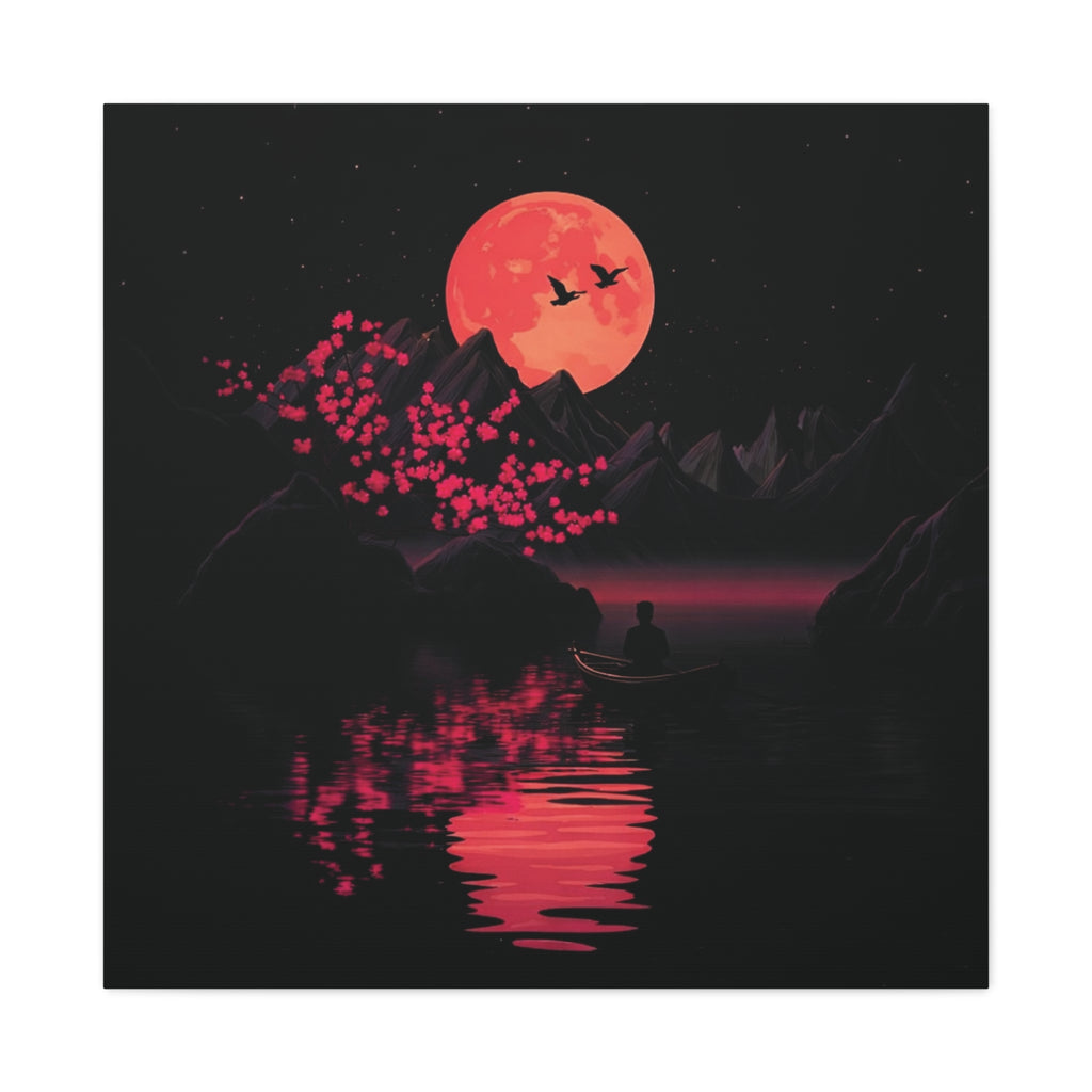 Moonlit Sakura Canvas Wall Art — Red Moon Reflection Matte Stretched Print