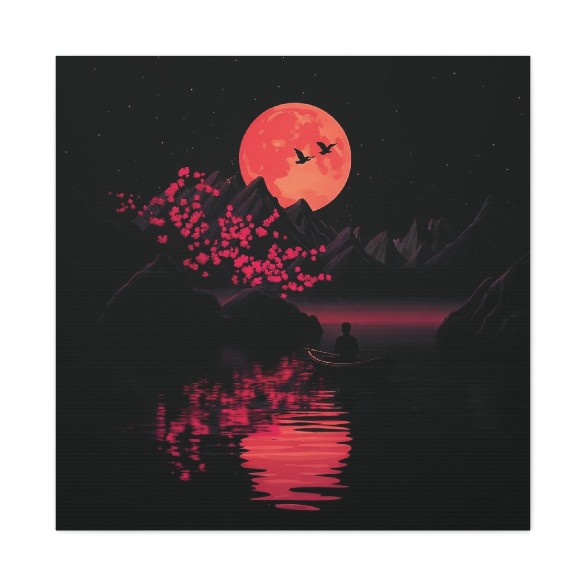 Moonlit Sakura Canvas Wall Art — Red Moon Reflection Matte Stretched Print