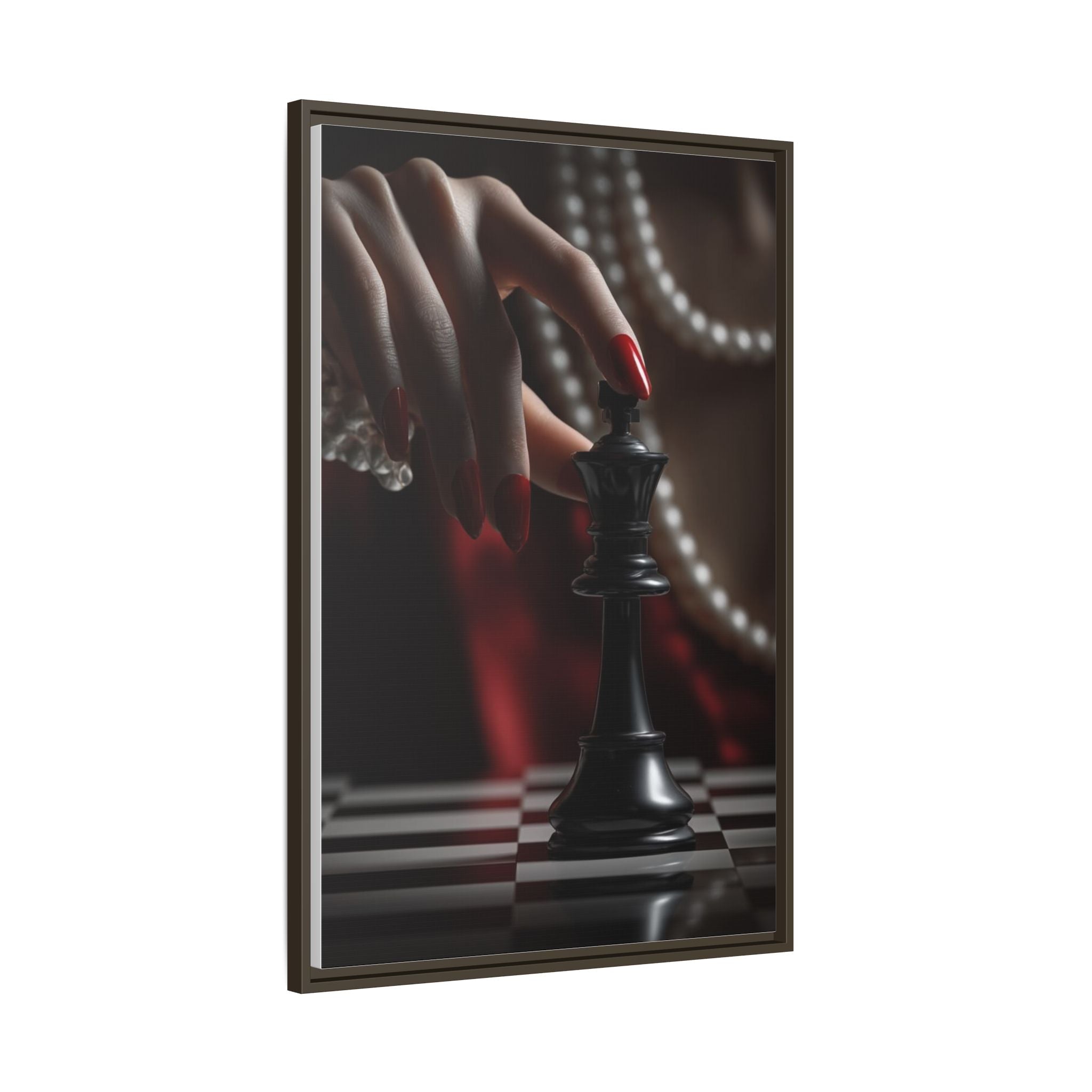 Framed Matte Canvas Art — Femme Hand & Chess King (Pearls, Noir Glam)