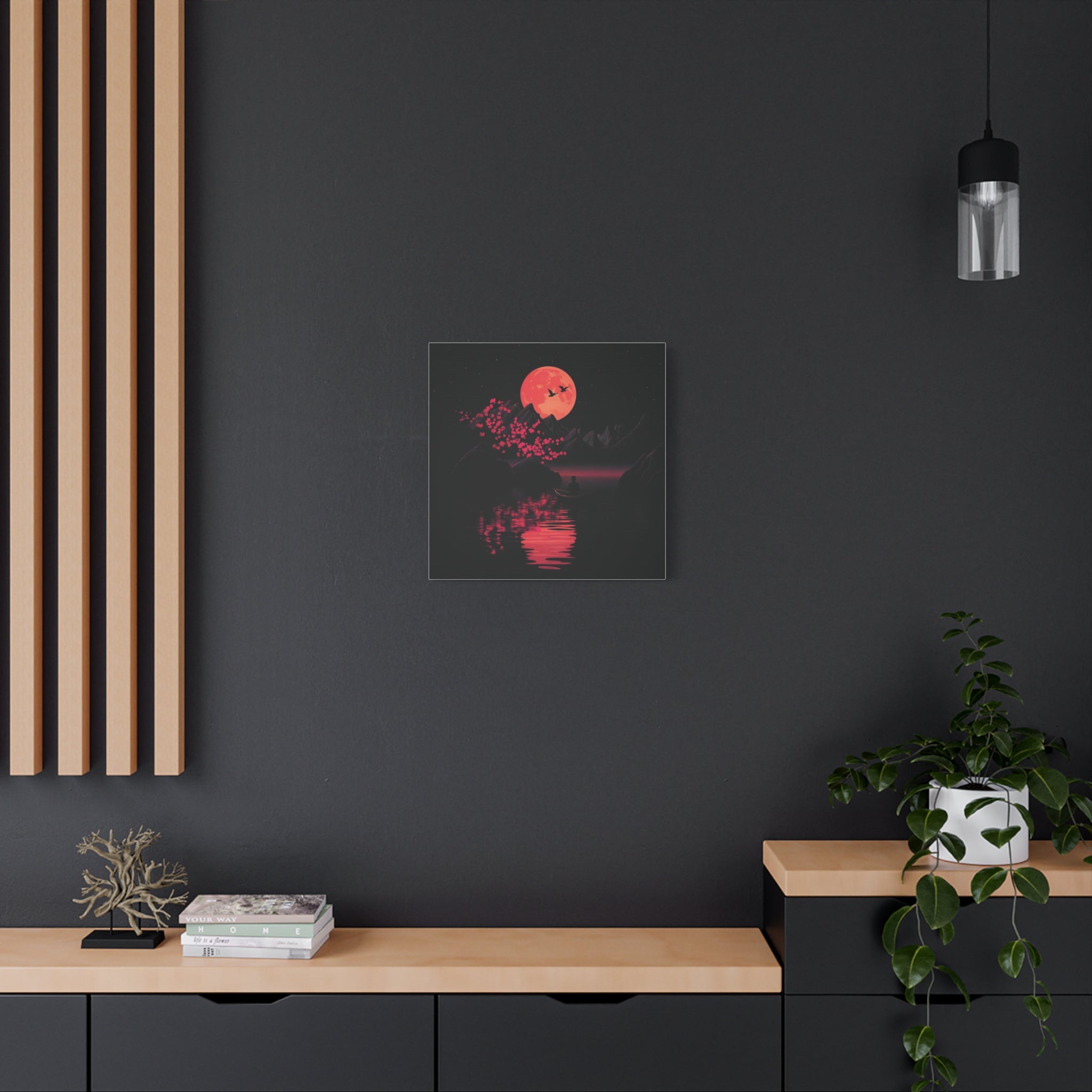Moonlit Sakura Canvas Wall Art — Red Moon Reflection Matte Stretched Print