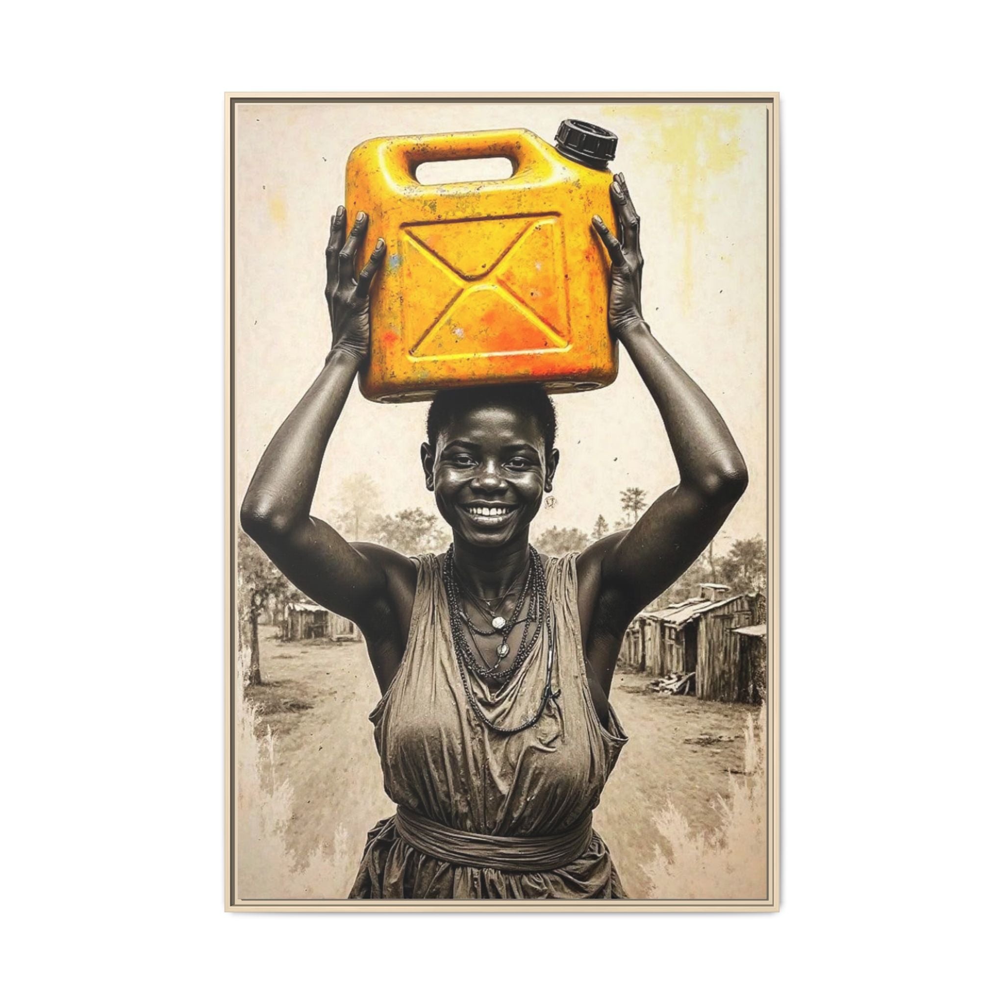 Framed Canvas Art - Joyful Woman Carrying Yellow Water Jerrycan