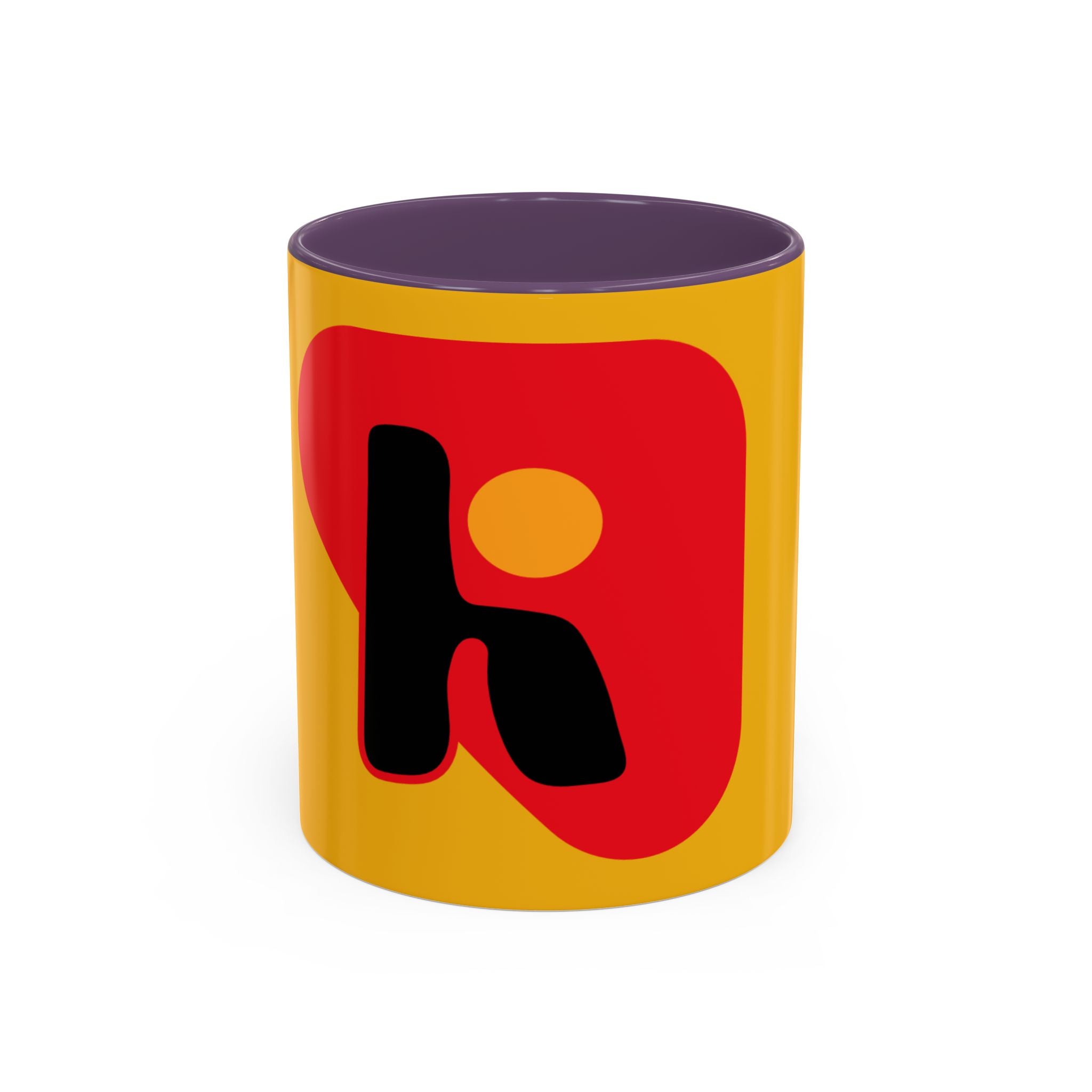 Retro Bold 'k' Accent Coffee Mug — Yellow & Red Graphic Ceramic