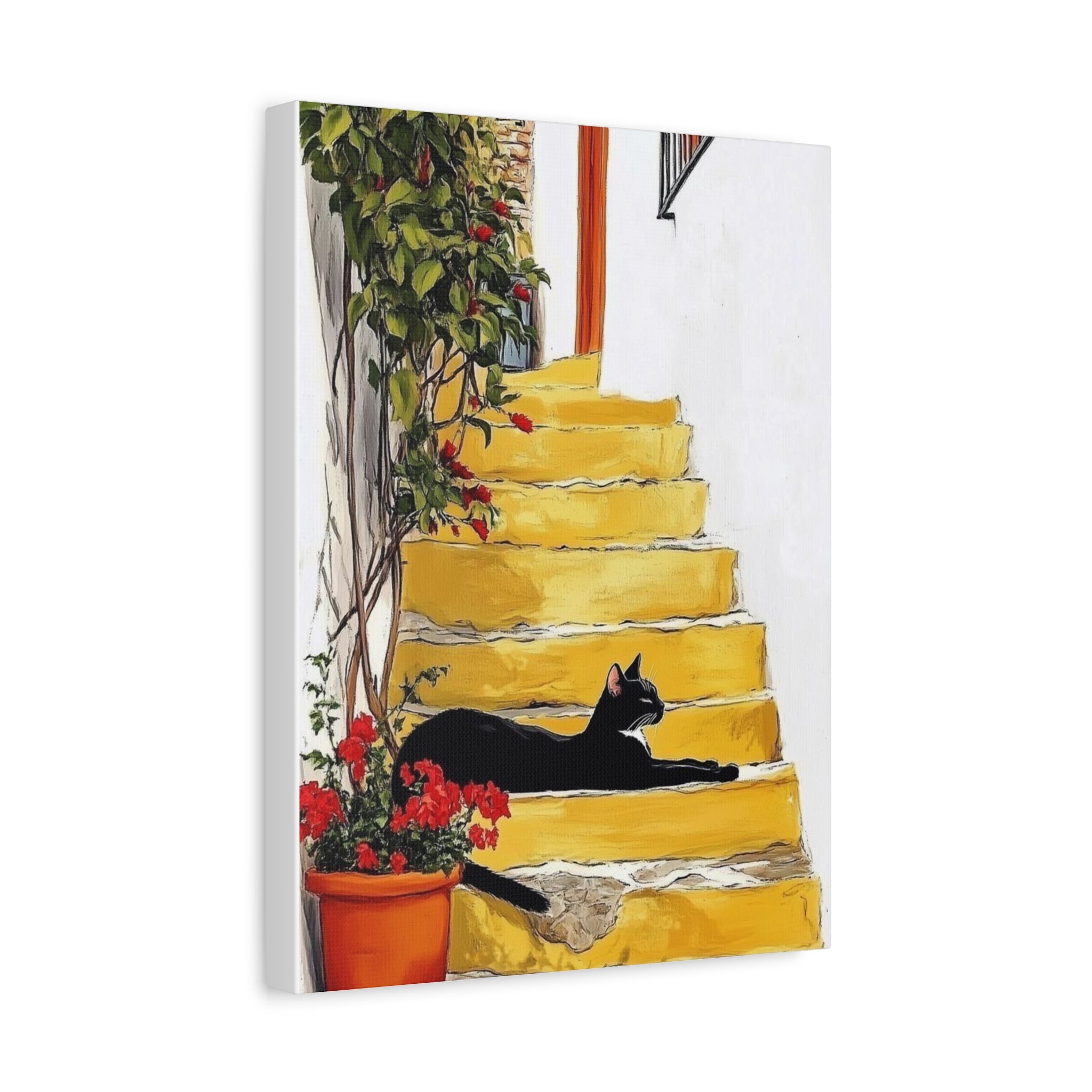 Black Cat on Yellow Steps Canvas Art Print, Whimsical Home Decor, Gift for Cat Lovers, Wall Art, Cozy Vibe, Pet Memorable Art