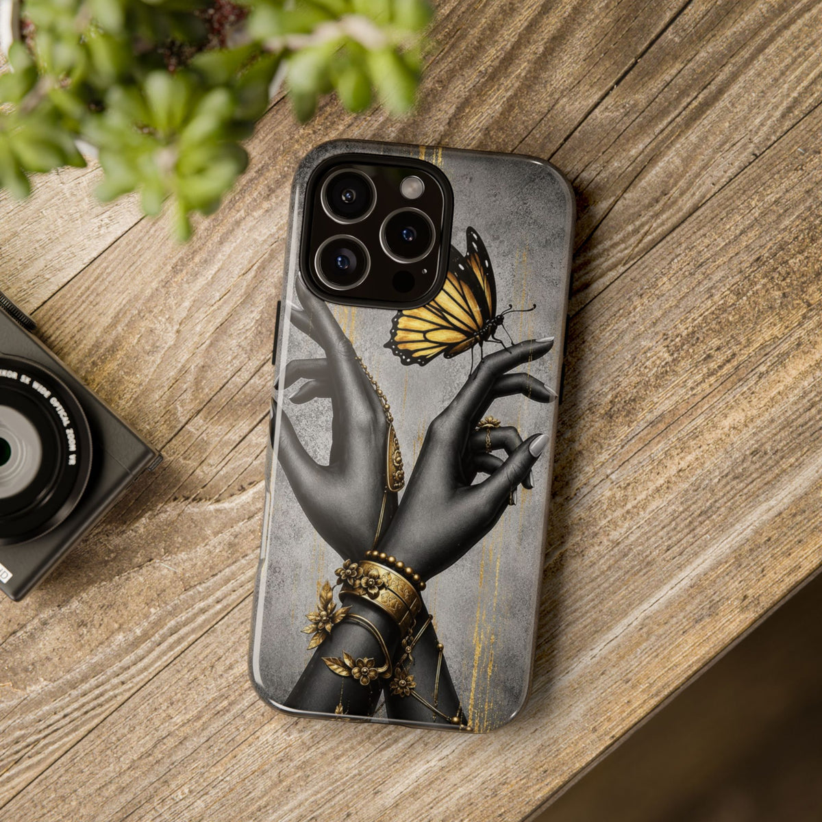 Artistic Black Hands & Golden Butterfly Phone Case – Protective Tough Case