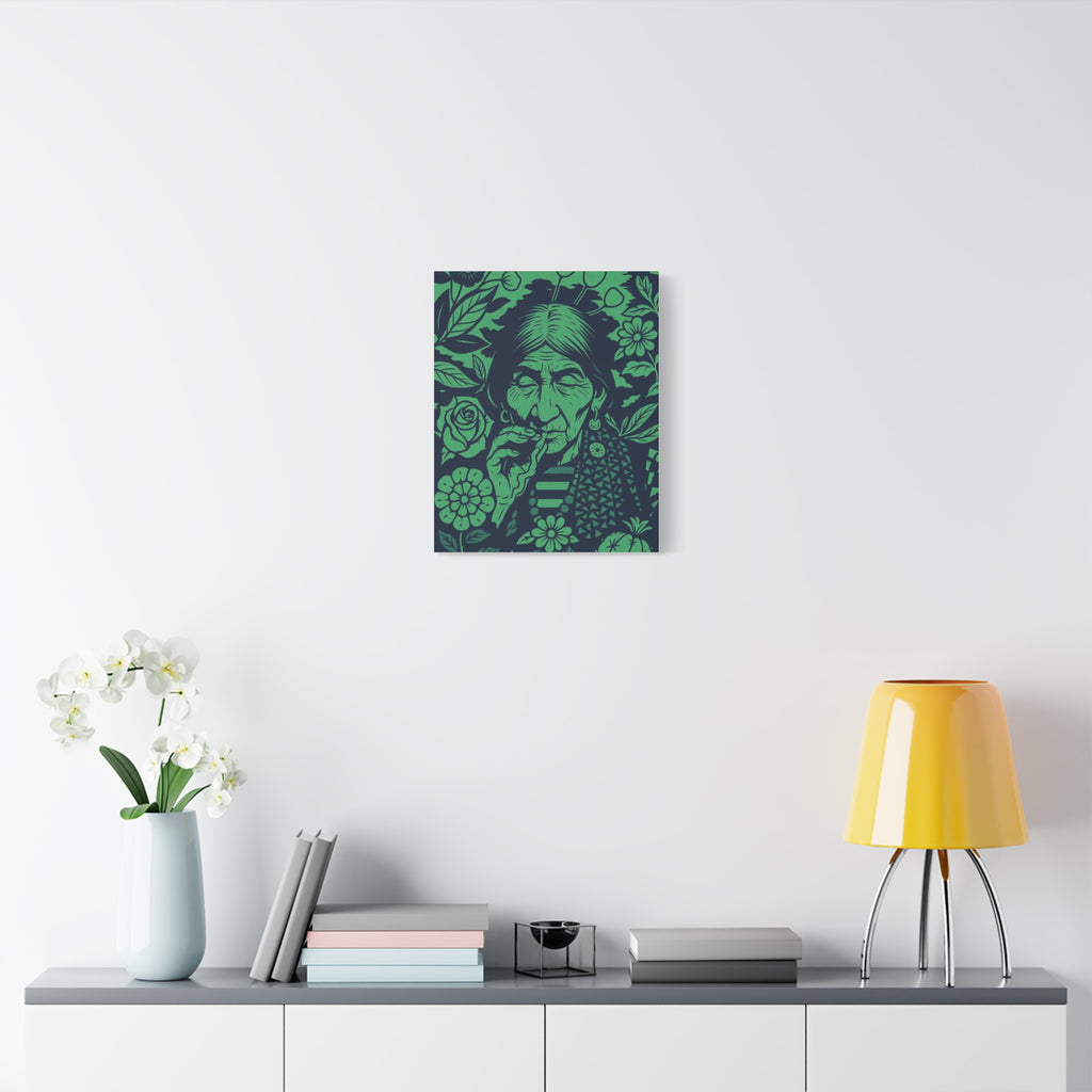 Vintage Smoking Woman Art Canvas — Green Floral Stretched Wall Art