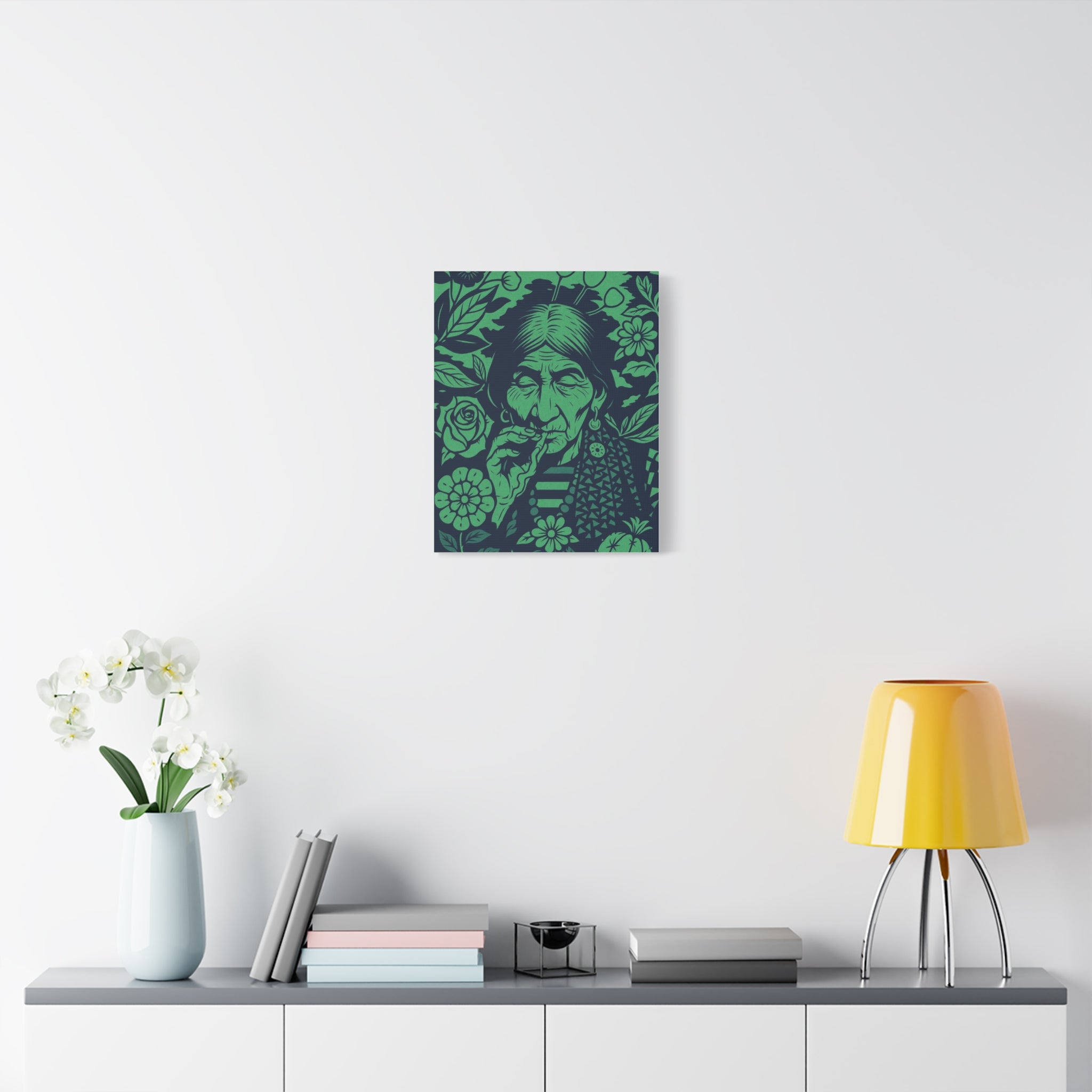 Vintage Smoking Woman Art Canvas — Green Floral Stretched Wall Art