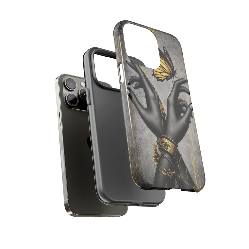 Artistic Black Hands & Golden Butterfly Phone Case – Protective Tough Case