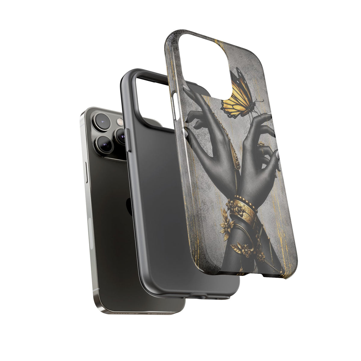 Artistic Black Hands & Golden Butterfly Phone Case – Protective Tough Case