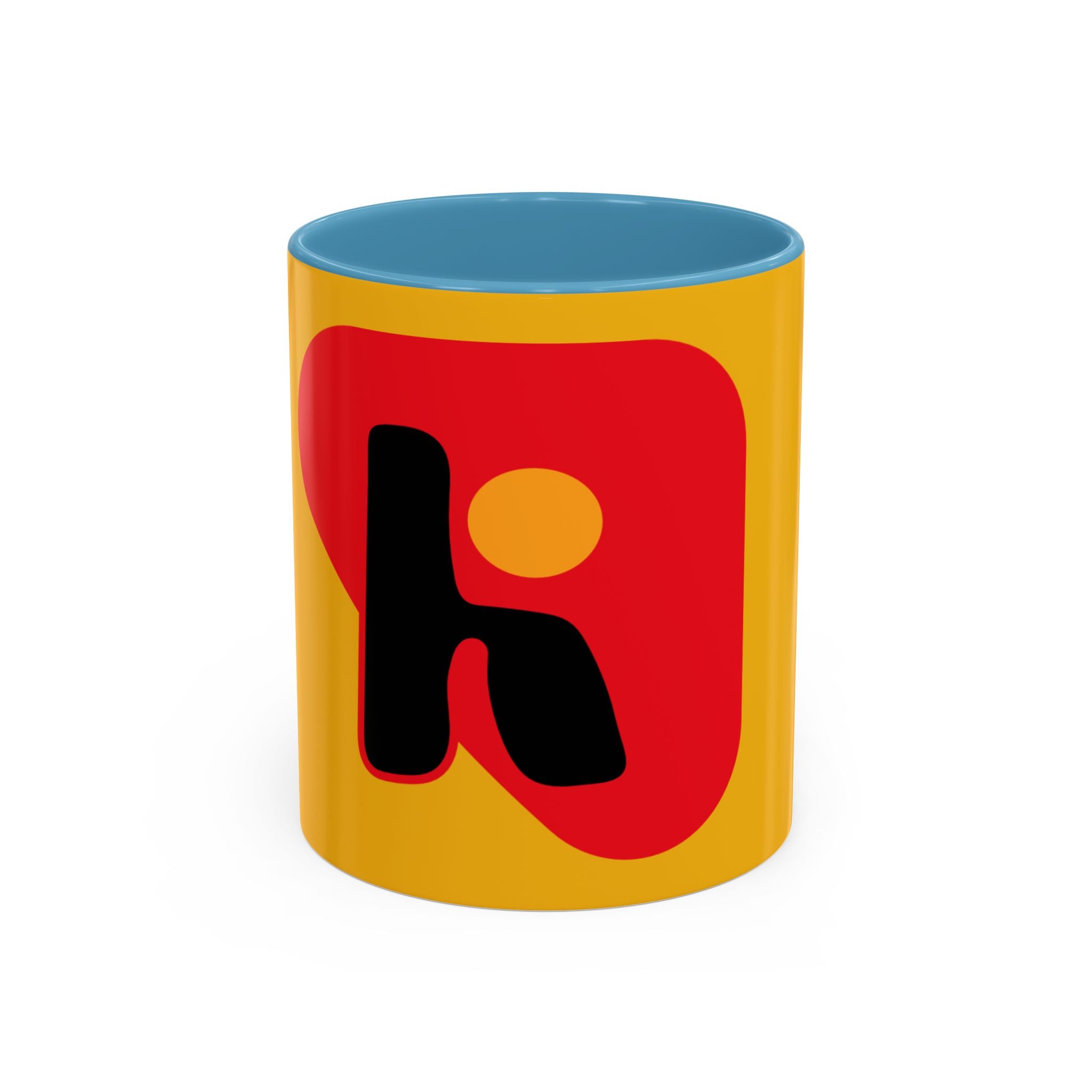 Retro Bold 'k' Accent Coffee Mug — Yellow & Red Graphic Ceramic