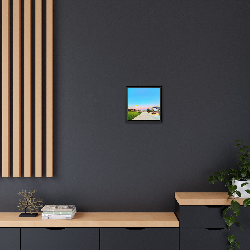 Sunset Promenade Matte Framed Canvas — Pastel Sky Walkway Wall Art