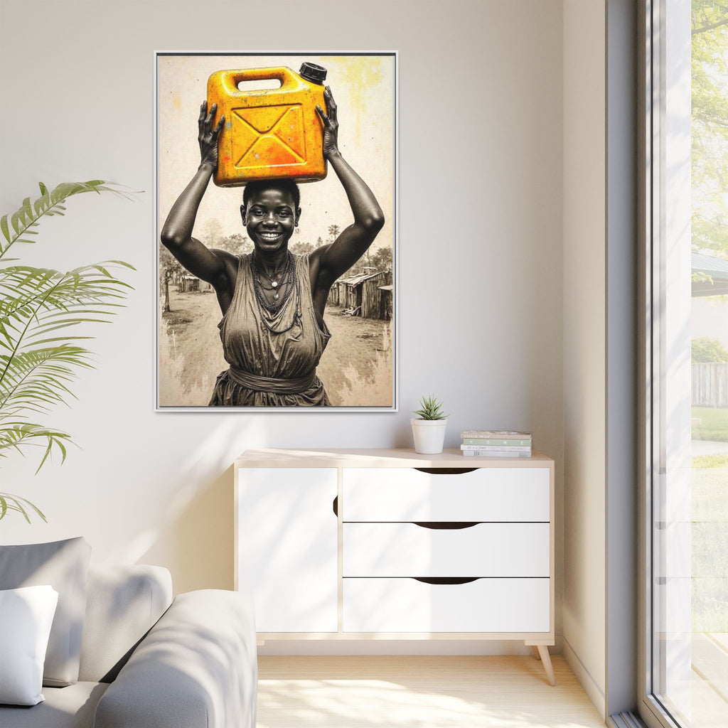 Framed Canvas Art - Joyful Woman Carrying Yellow Water Jerrycan
