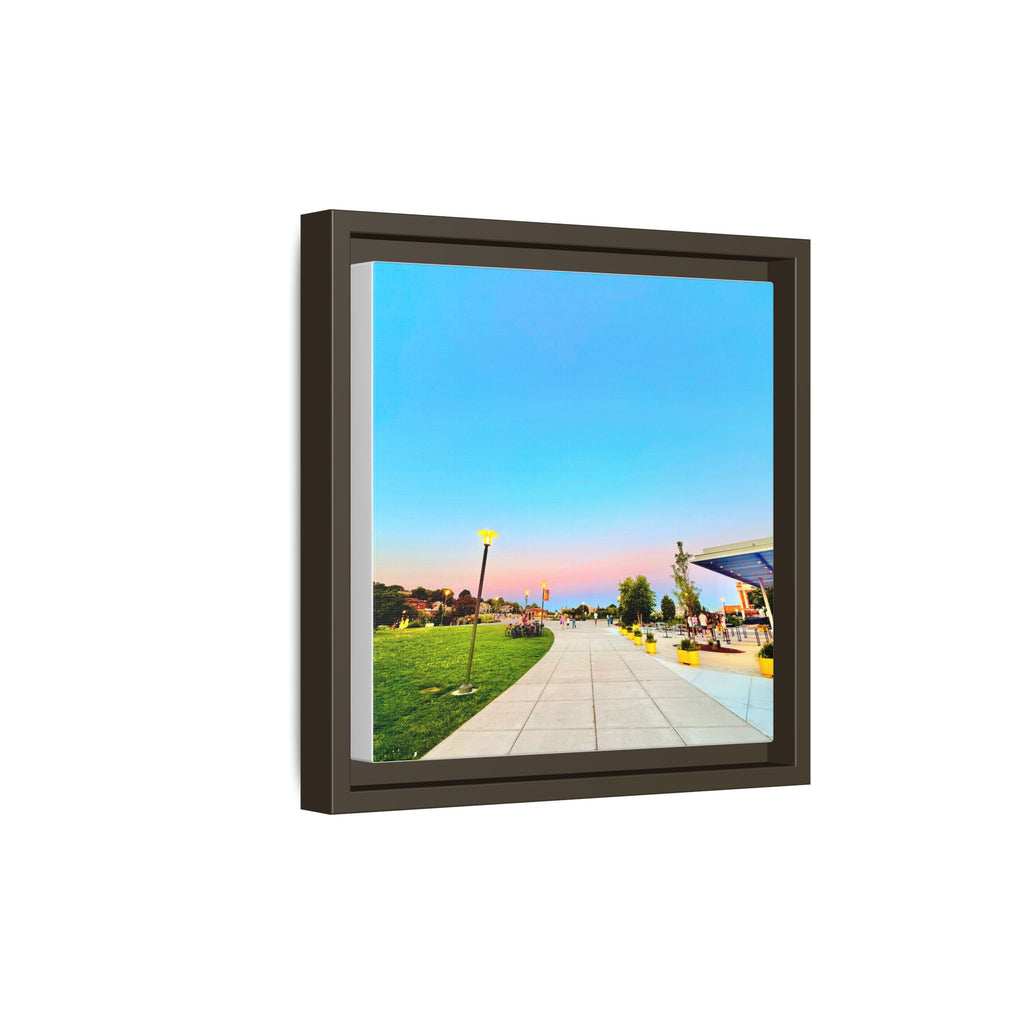 Sunset Promenade Matte Framed Canvas — Pastel Sky Walkway Wall Art