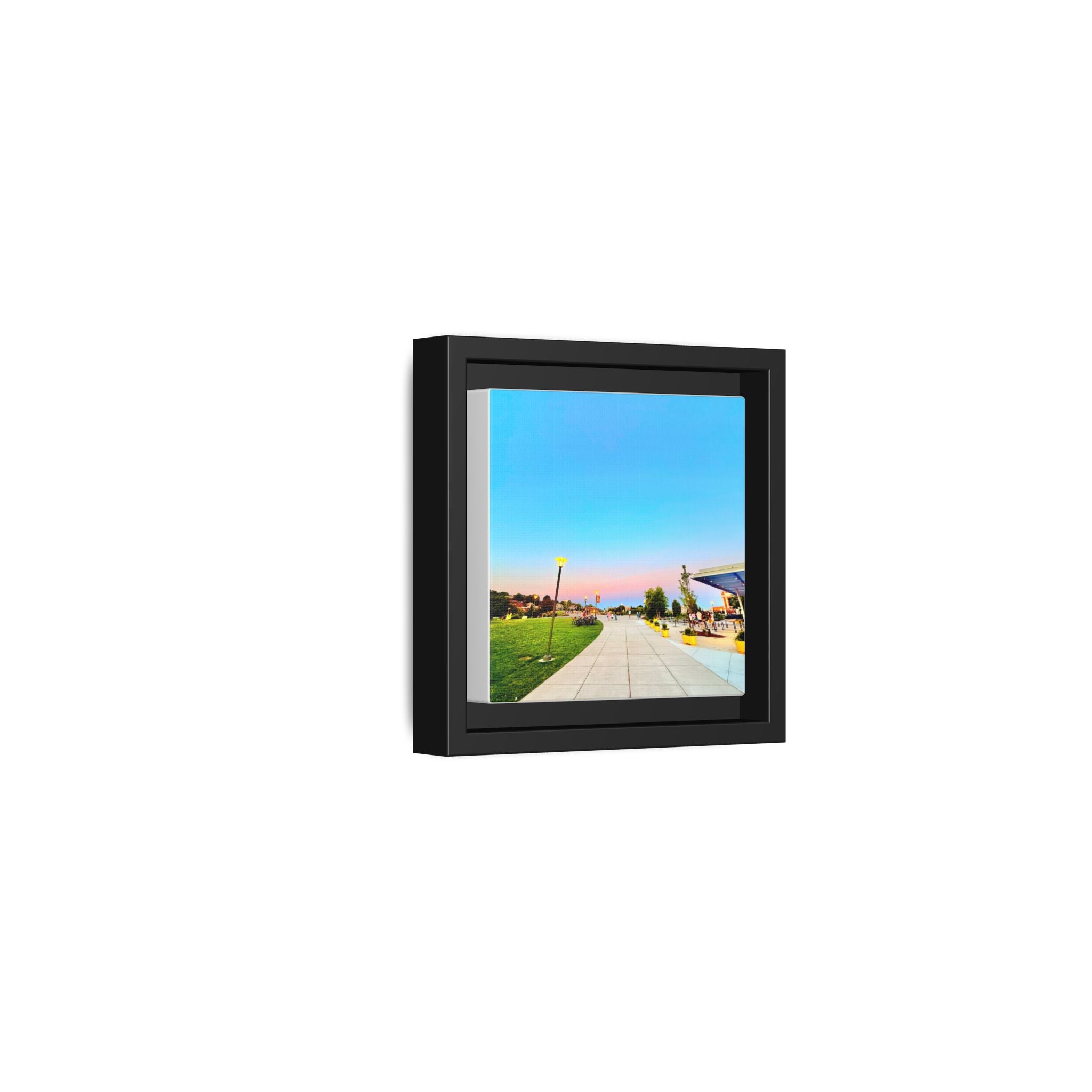 Sunset Promenade Matte Framed Canvas — Pastel Sky Walkway Wall Art