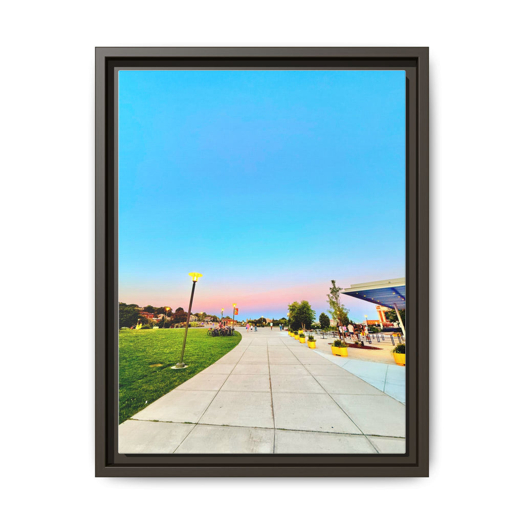 Sunset Promenade Matte Framed Canvas — Pastel Sky Walkway Wall Art