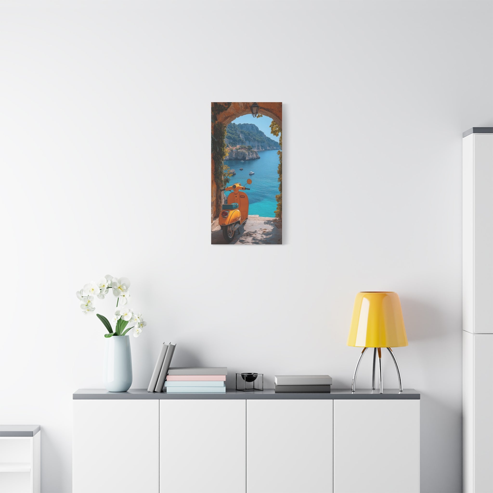 Mediterranean Scooter Canvas Print – Sunny Coastal Archway Wall Art