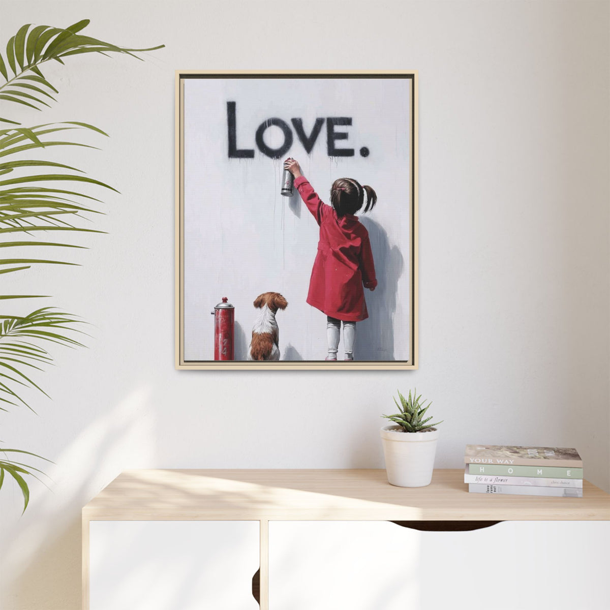 'LOVE.' Girl Spray-Painting with Dog- Framed Canvas Art