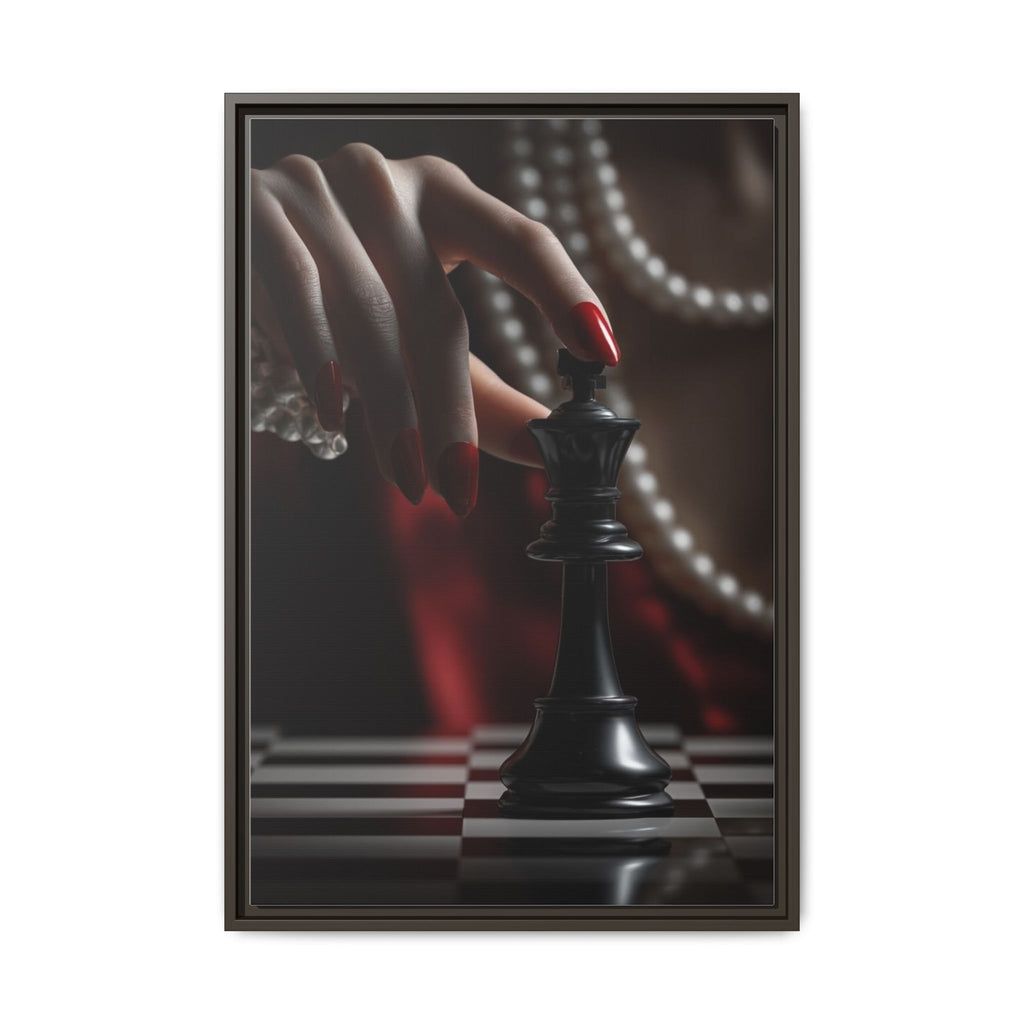 Framed Matte Canvas Art — Femme Hand & Chess King (Pearls, Noir Glam)
