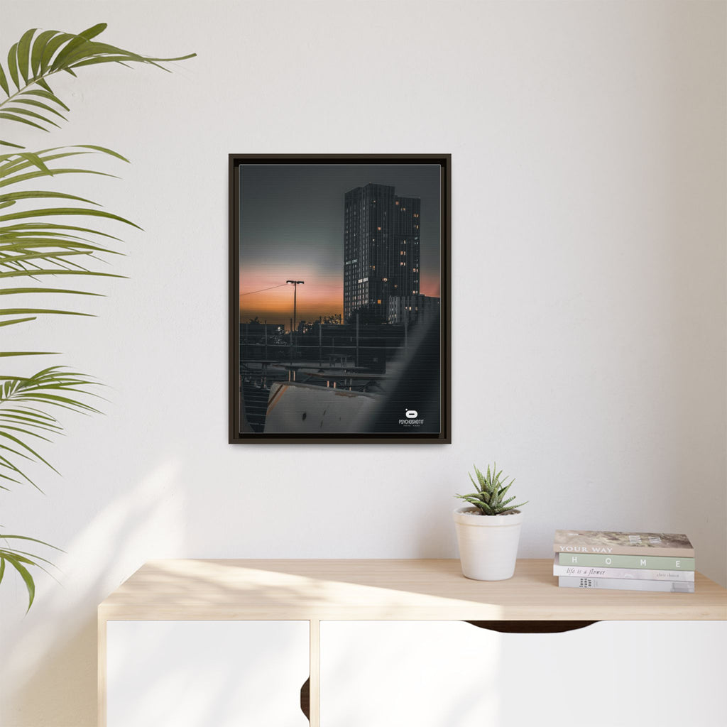 Framed Matte Canvas Print — Urban Sunset High-Rise Photography