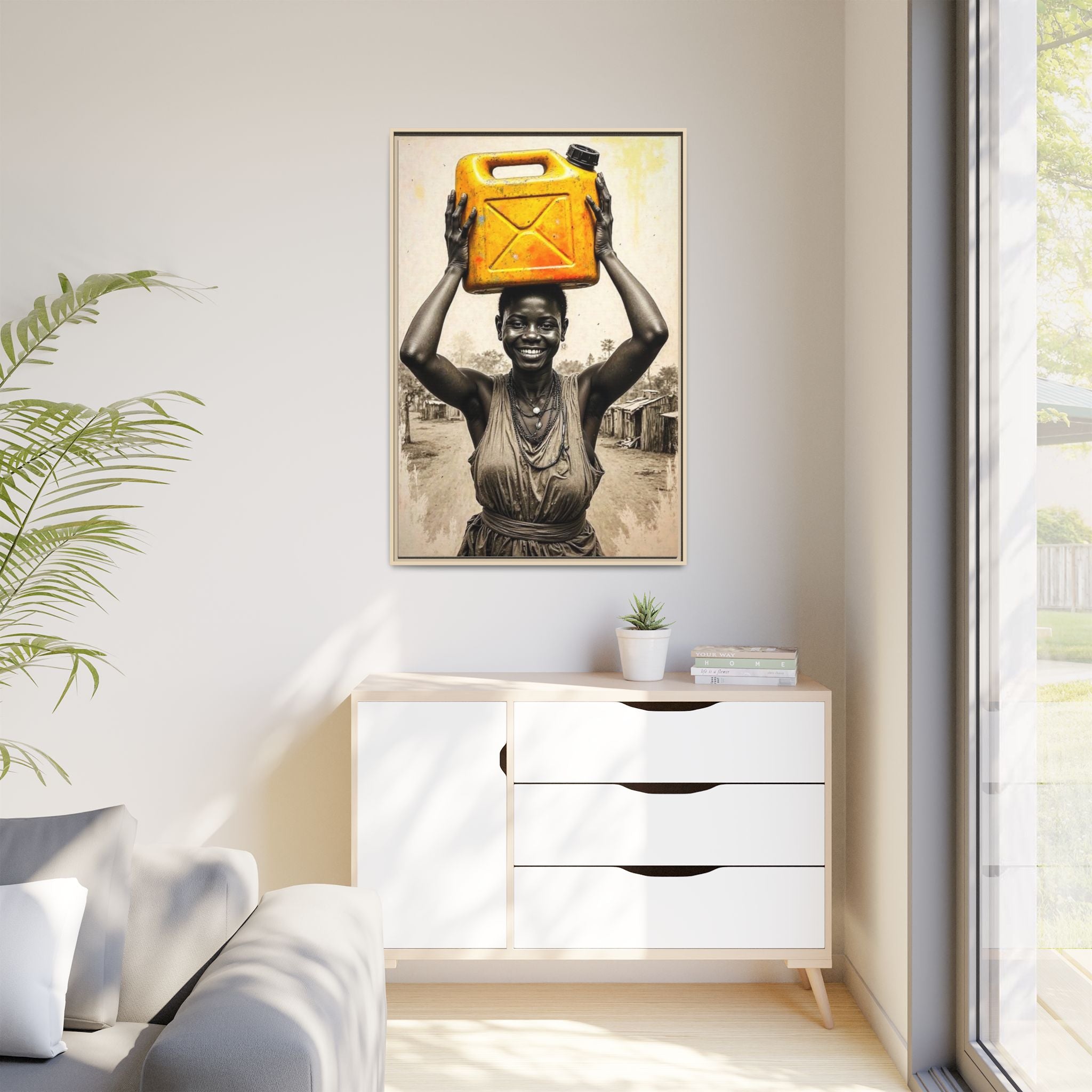 Framed Canvas Art - Joyful Woman Carrying Yellow Water Jerrycan