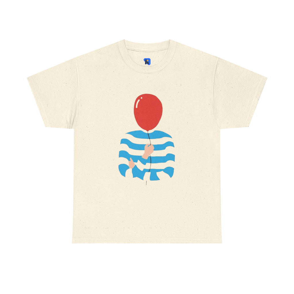 Striped Sweater Balloon Tee — Minimalist Red Balloon Graphic T-Shirt
