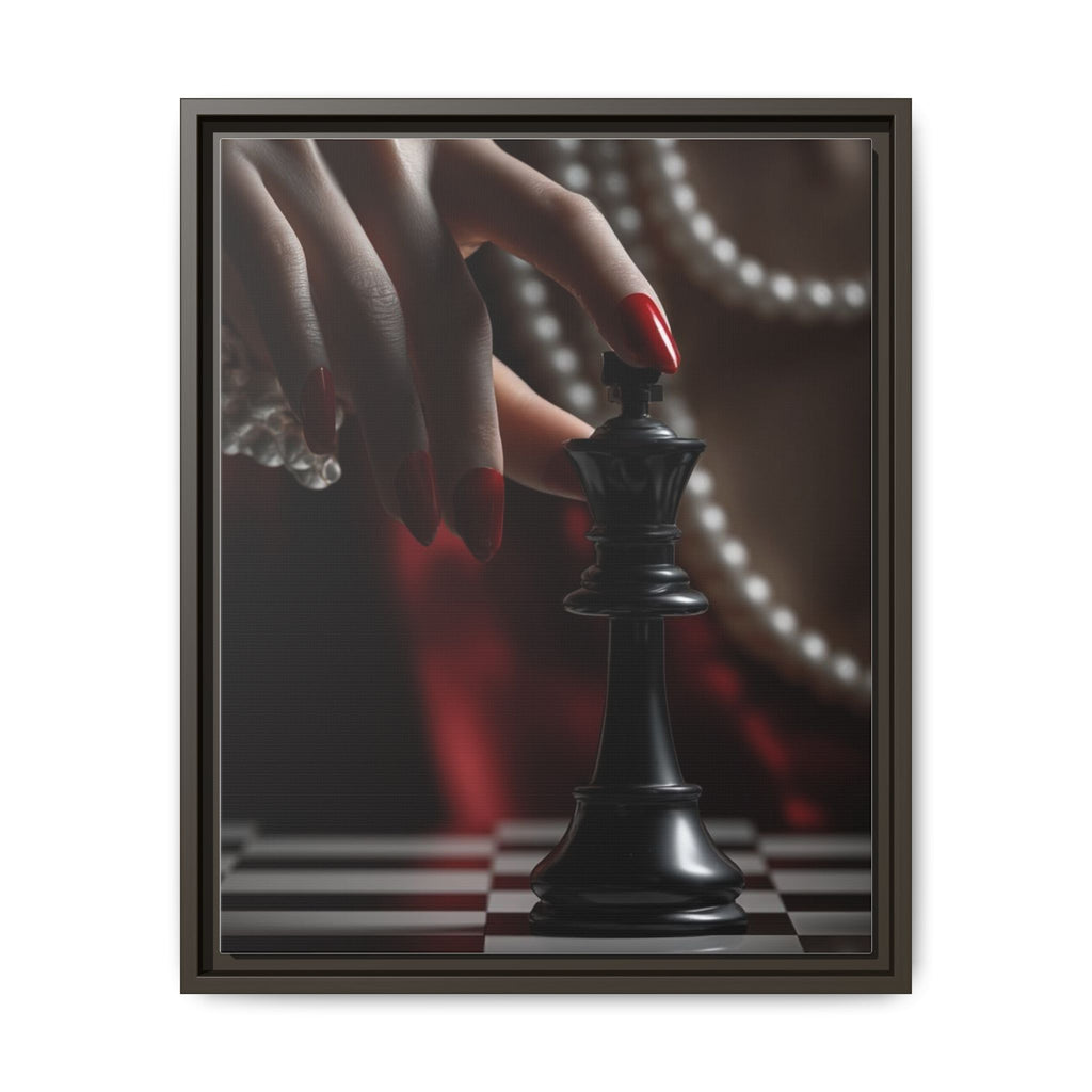 Framed Matte Canvas Art — Femme Hand & Chess King (Pearls, Noir Glam)
