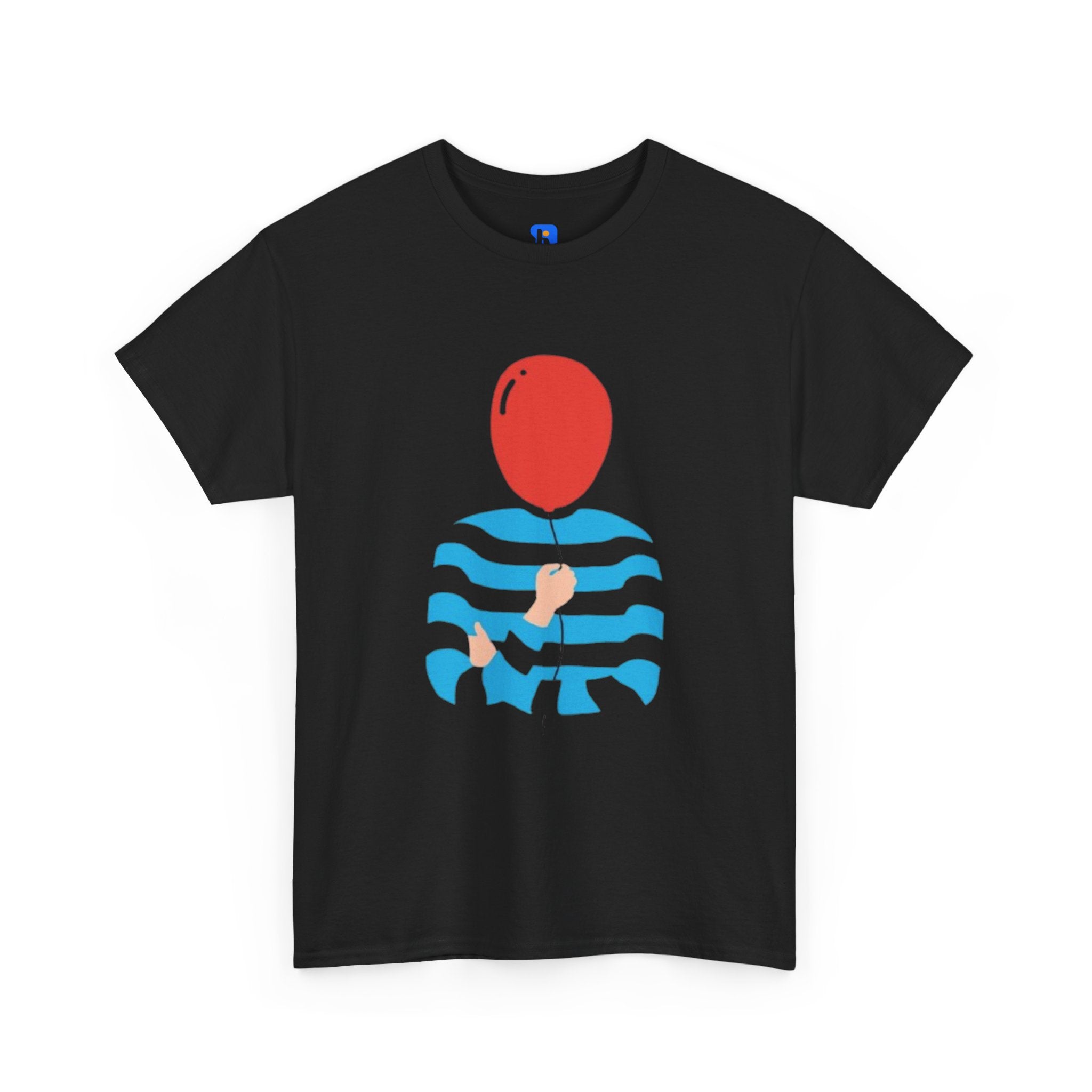 Striped Sweater Balloon Tee — Minimalist Red Balloon Graphic T-Shirt