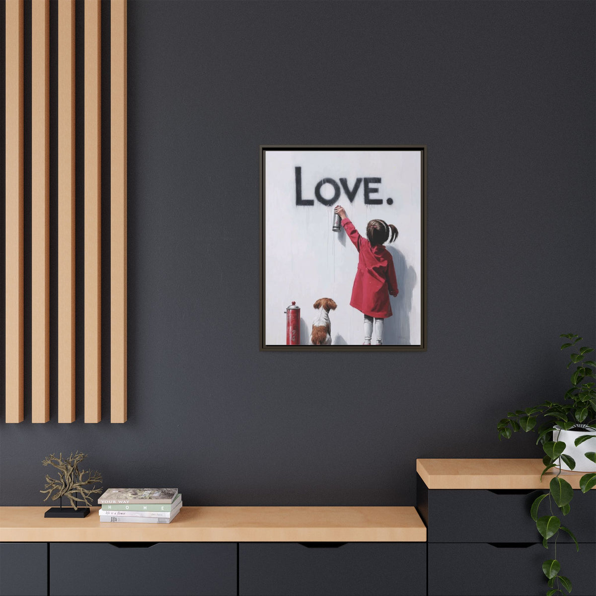 'LOVE.' Girl Spray-Painting with Dog- Framed Canvas Art