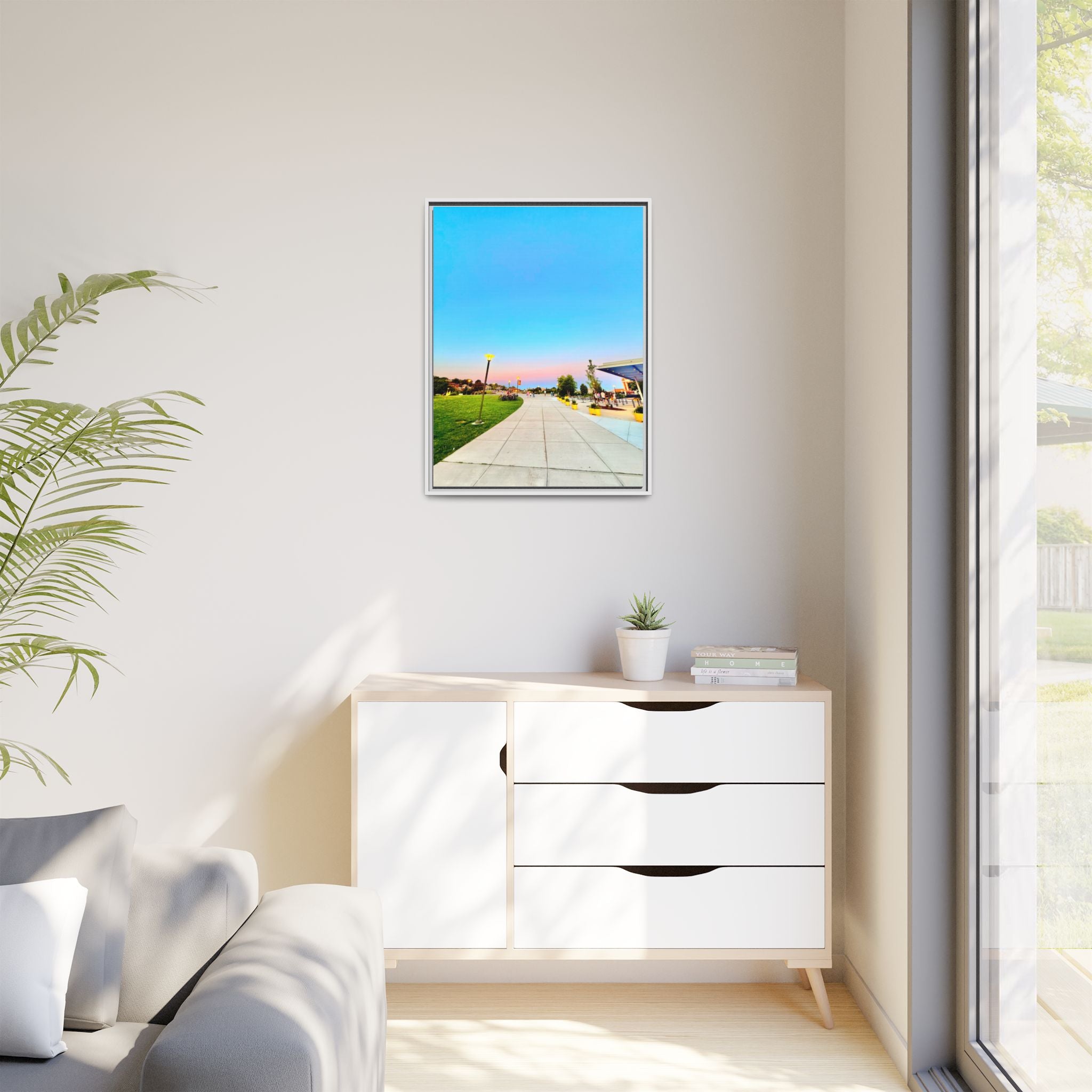 Sunset Promenade Matte Framed Canvas — Pastel Sky Walkway Wall Art