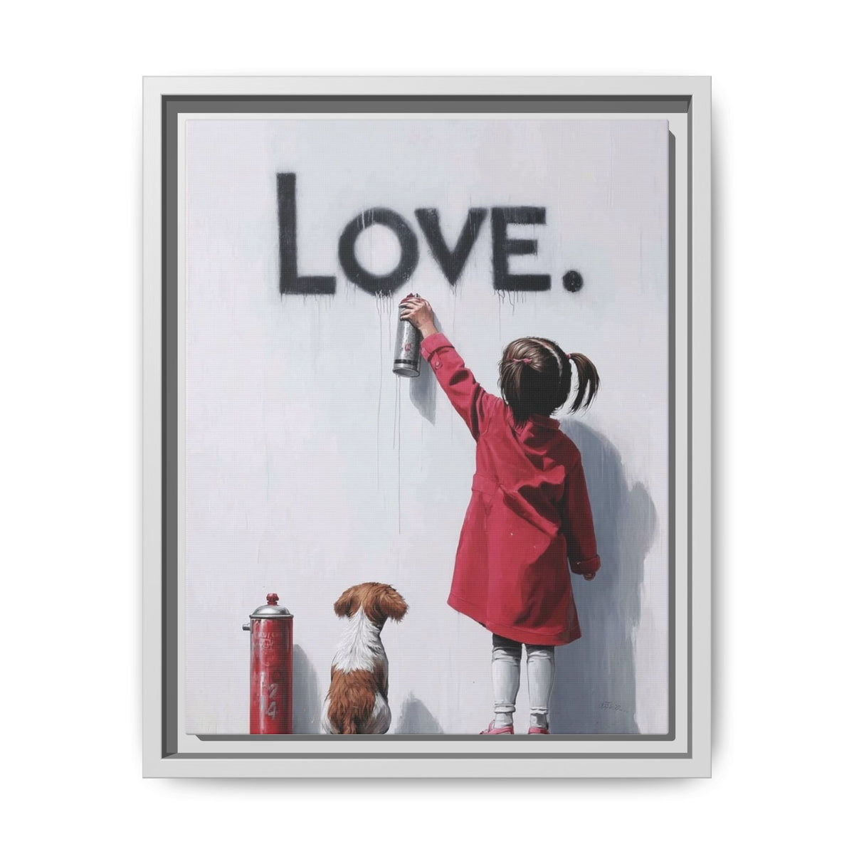 'LOVE.' Girl Spray-Painting with Dog- Framed Canvas Art