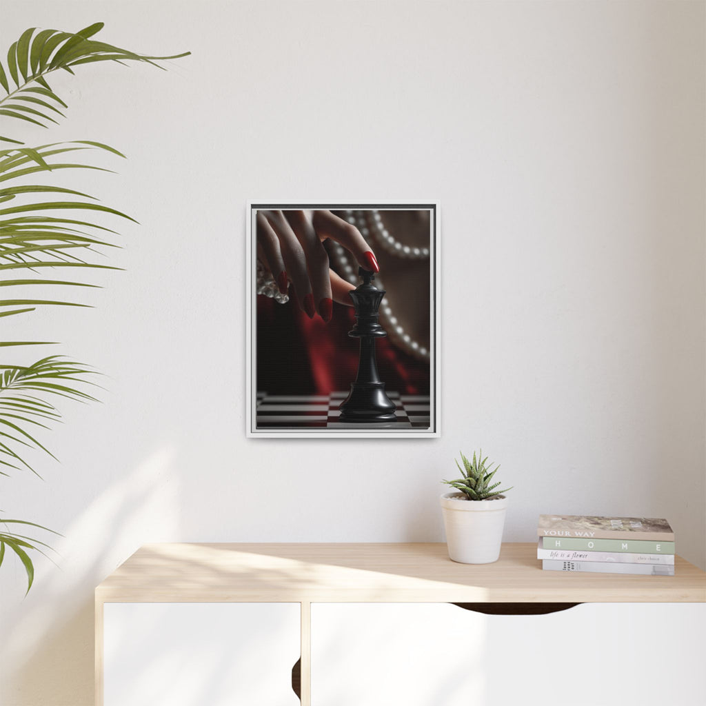 Framed Matte Canvas Art — Femme Hand & Chess King (Pearls, Noir Glam)