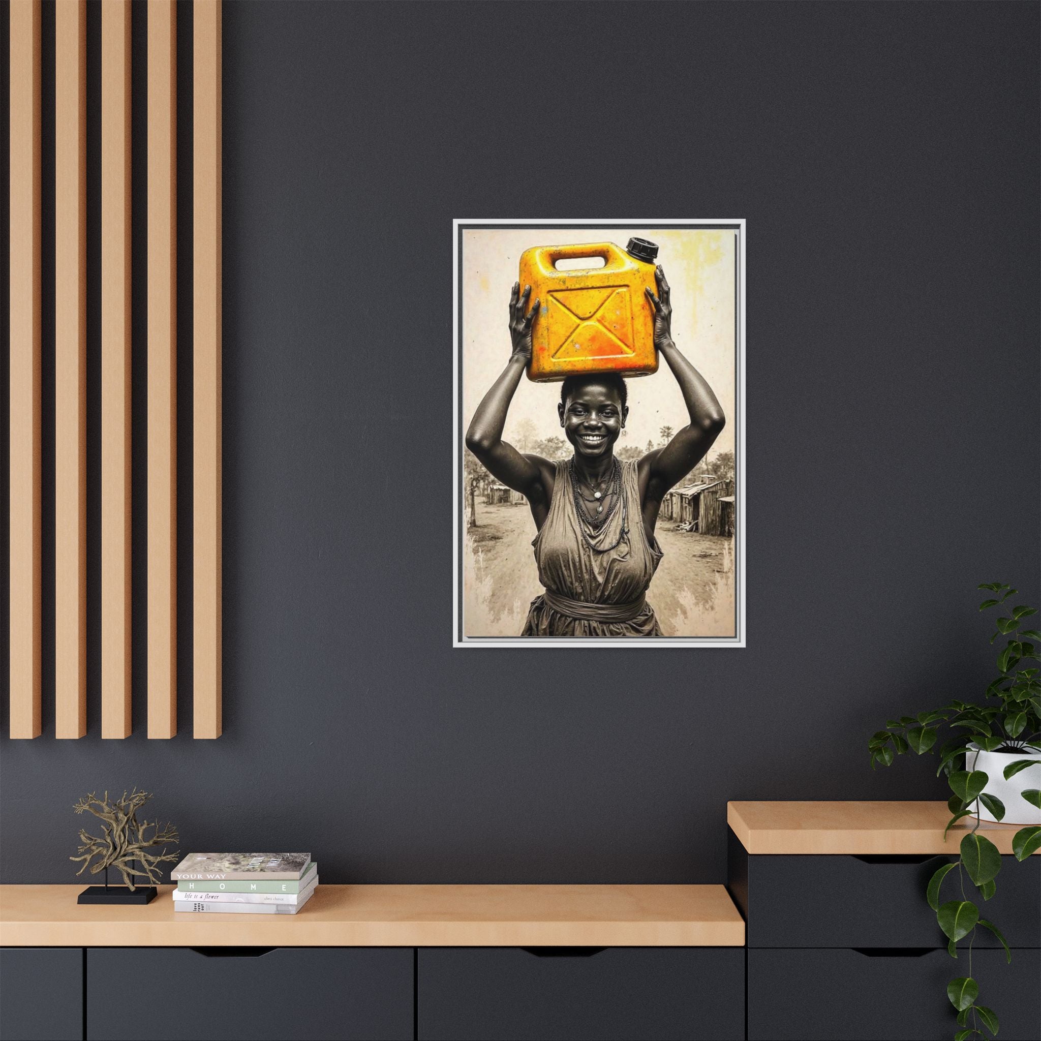 Framed Canvas Art - Joyful Woman Carrying Yellow Water Jerrycan