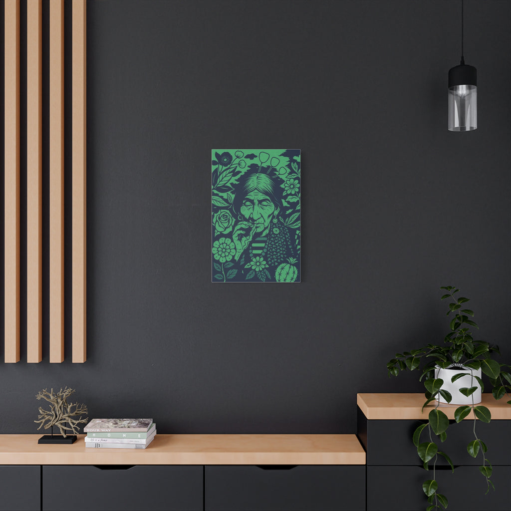 Vintage Smoking Woman Art Canvas — Green Floral Stretched Wall Art