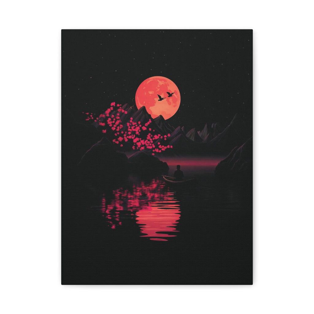 Moonlit Sakura Canvas Wall Art — Red Moon Reflection Matte Stretched Print