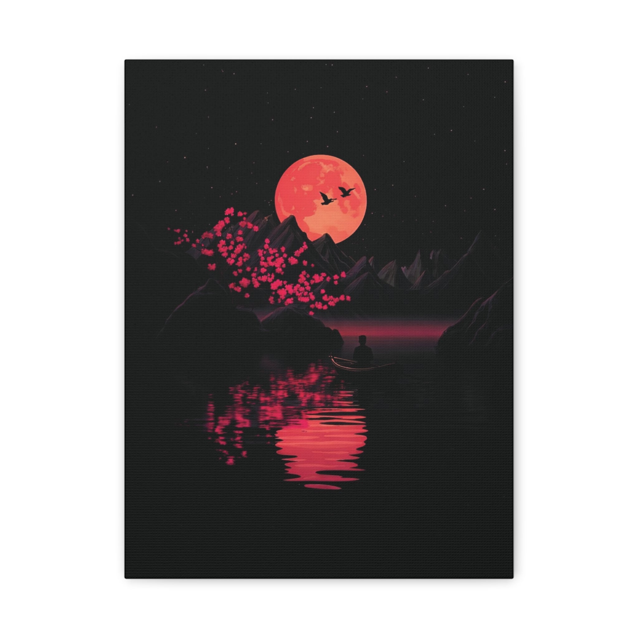 Moonlit Sakura Canvas Wall Art — Red Moon Reflection Matte Stretched Print