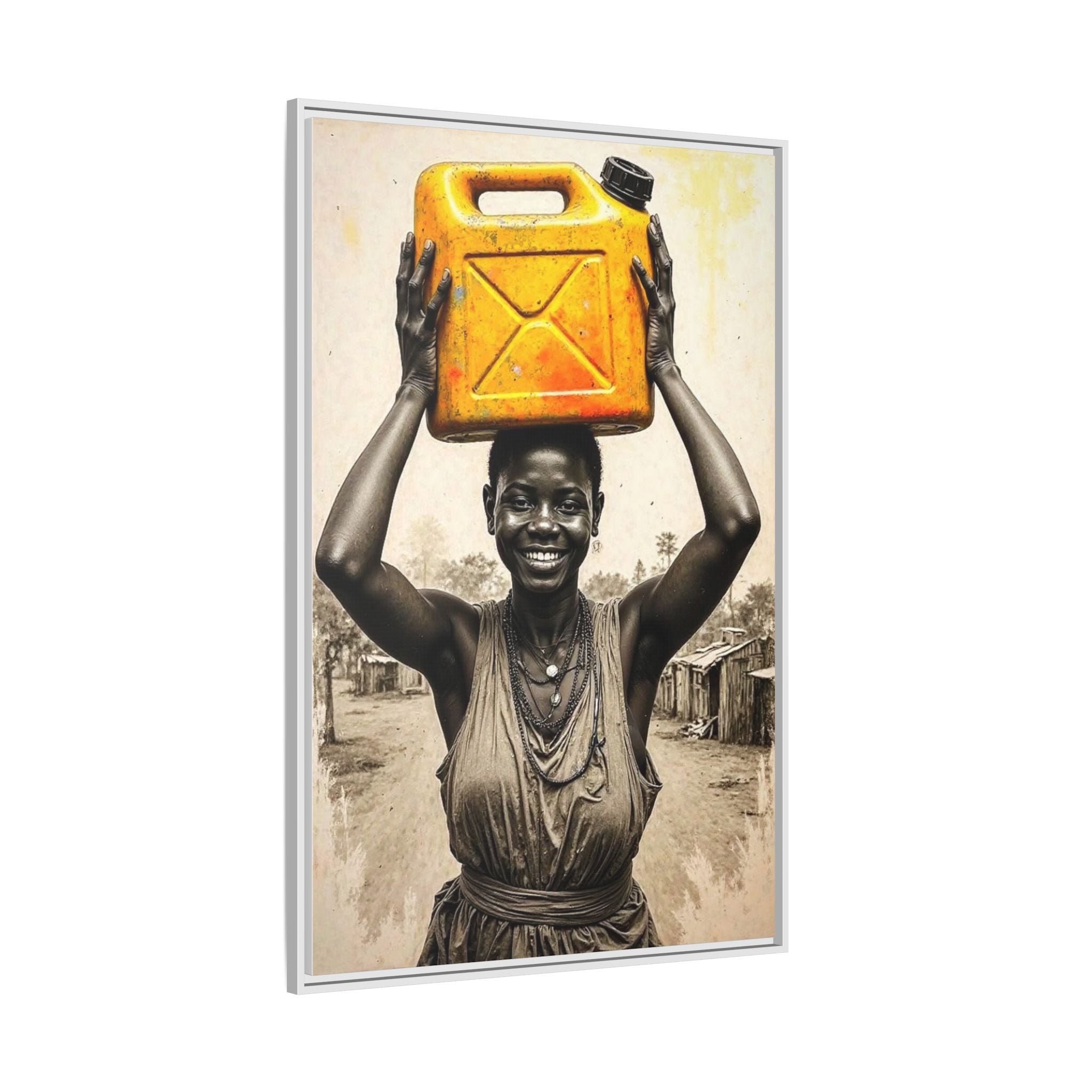 Framed Canvas Art - Joyful Woman Carrying Yellow Water Jerrycan