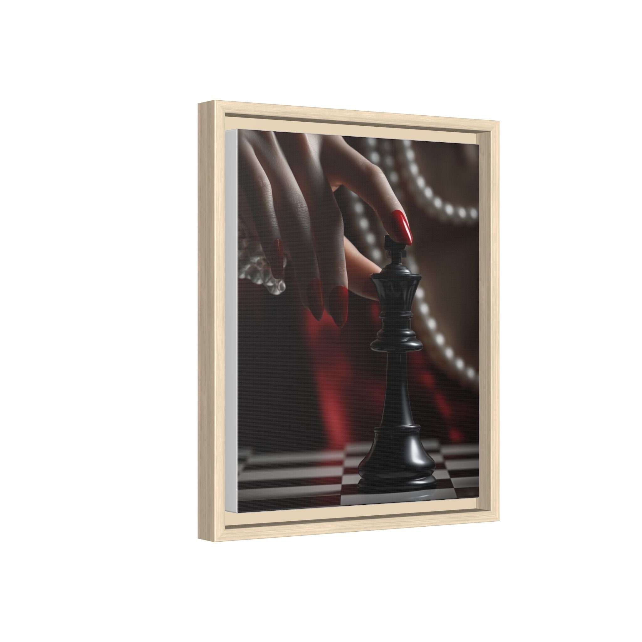 Framed Matte Canvas Art — Femme Hand & Chess King (Pearls, Noir Glam)