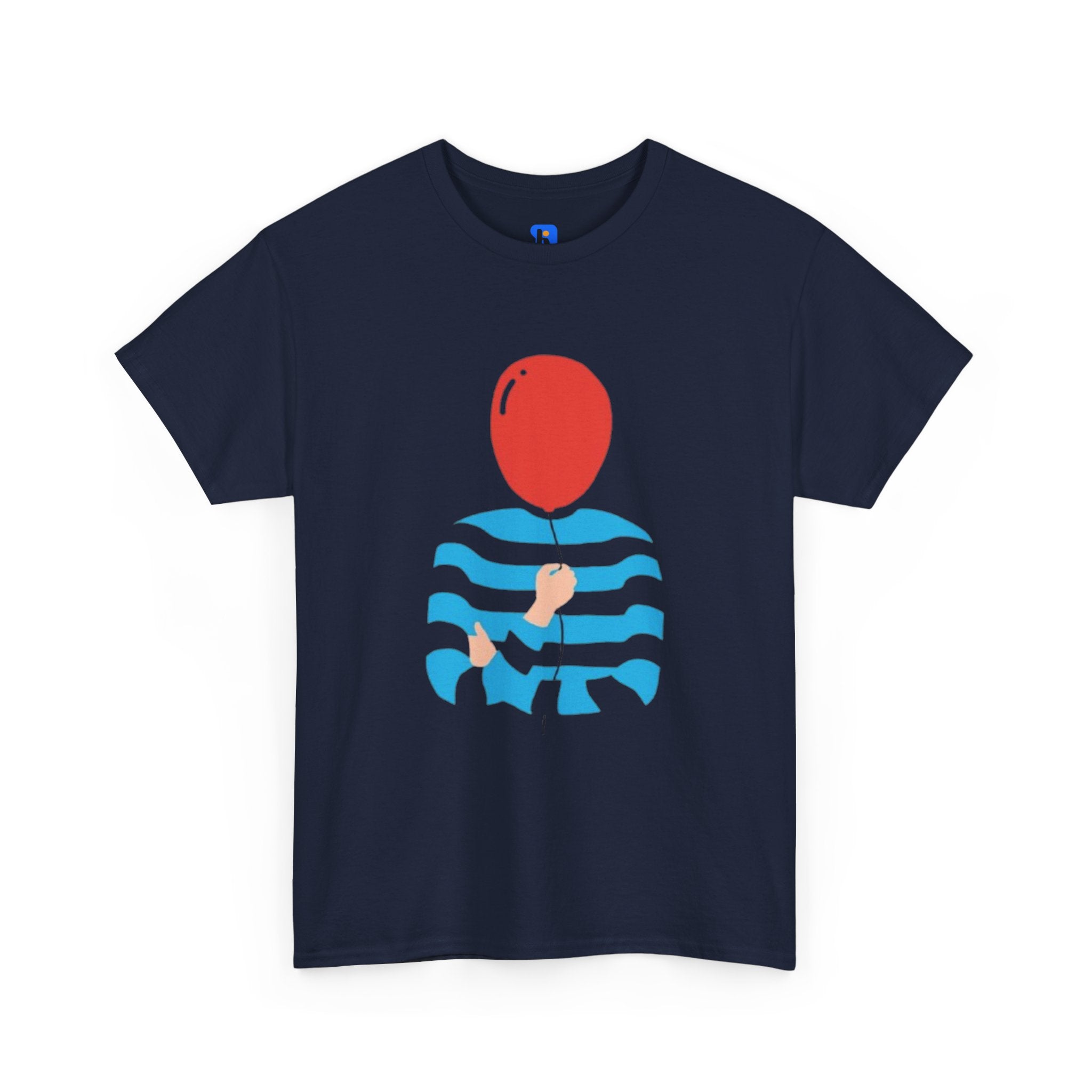 Striped Sweater Balloon Tee — Minimalist Red Balloon Graphic T-Shirt