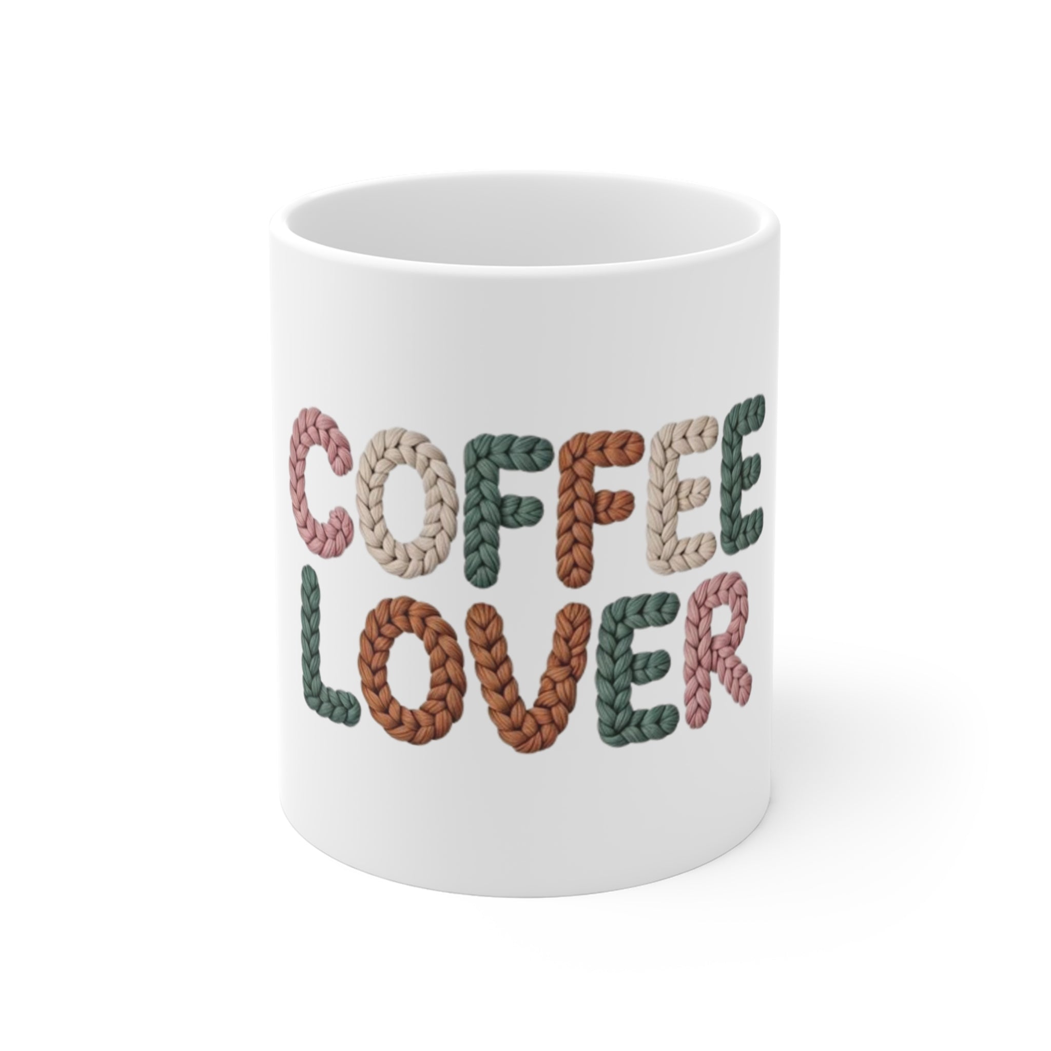 Coffee Lover Mug — Colorful Knitted Yarn Typography 11oz